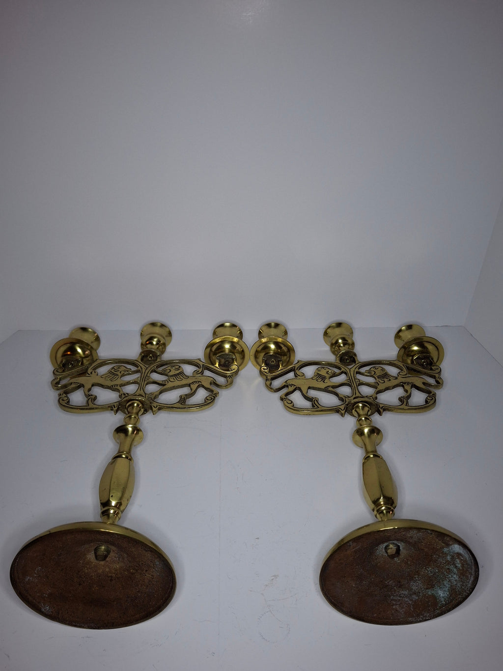 Pair of Late 19th Century Eastern European Brass 3-Arm Shabbat Candelabras Lion of Judah