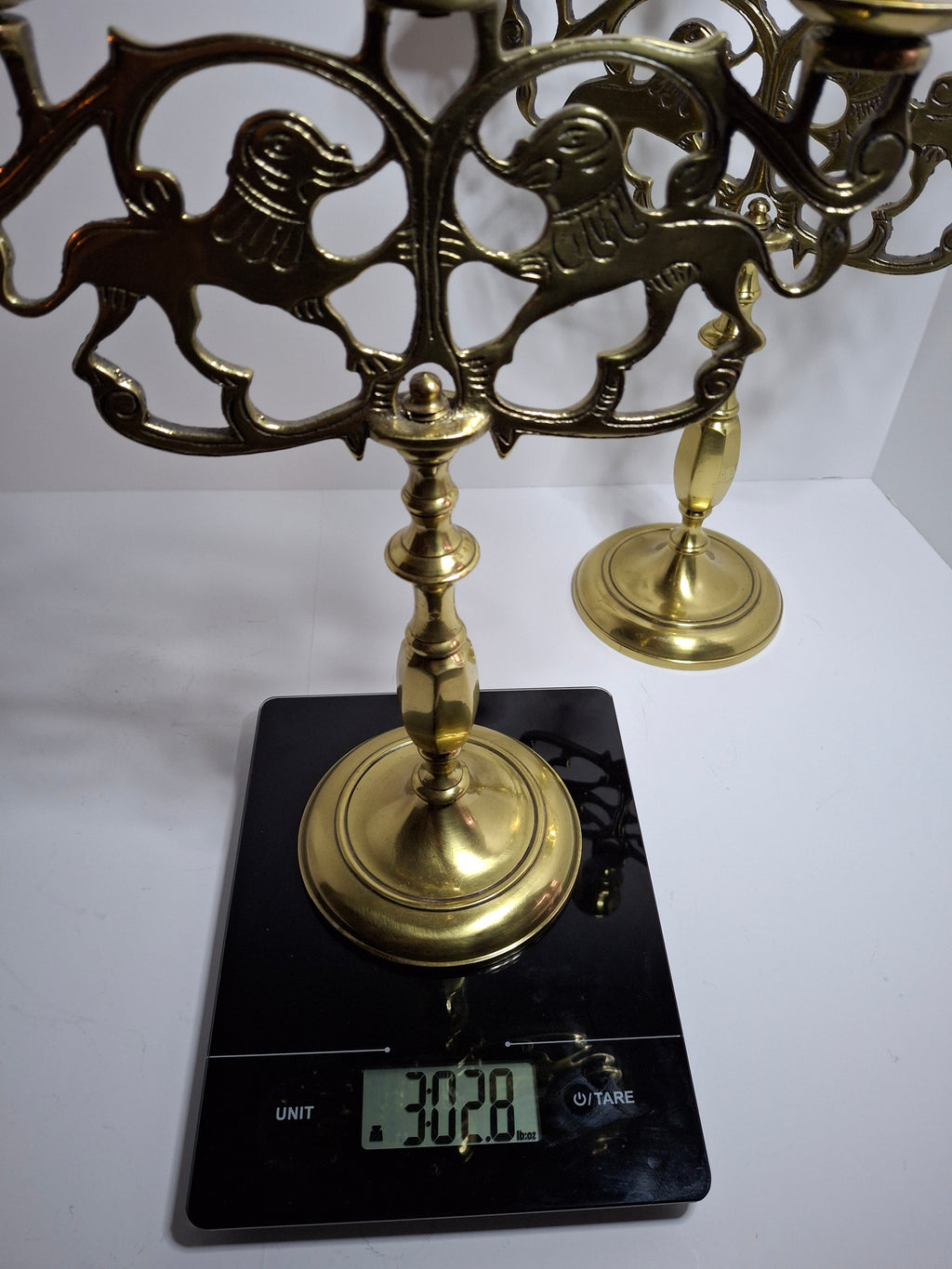 Pair of Late 19th Century Eastern European Brass 3-Arm Shabbat Candelabras Lion of Judah
