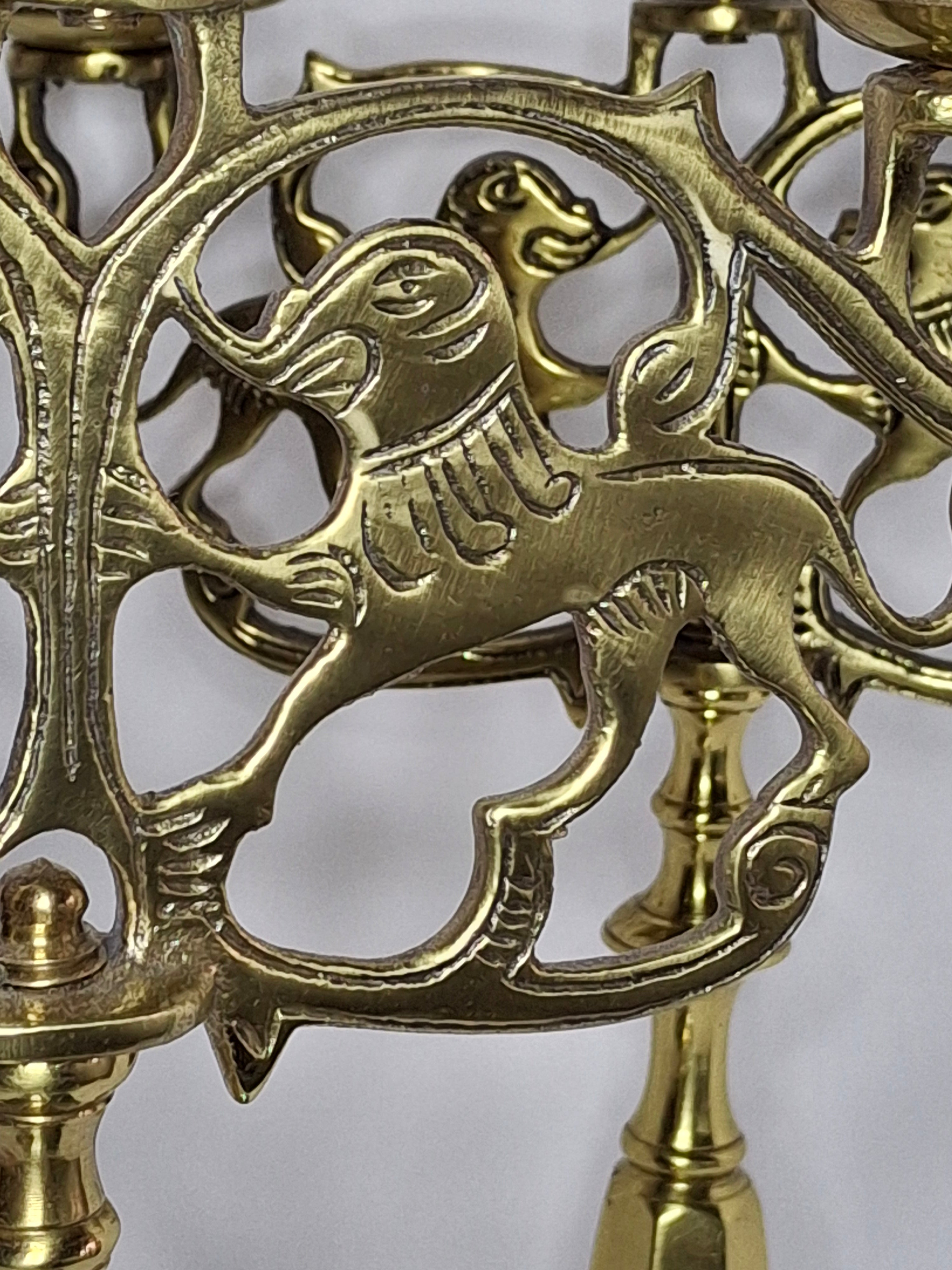 Pair of Late 19th Century Eastern European Brass 3-Arm Shabbat Candelabras Lion of Judah