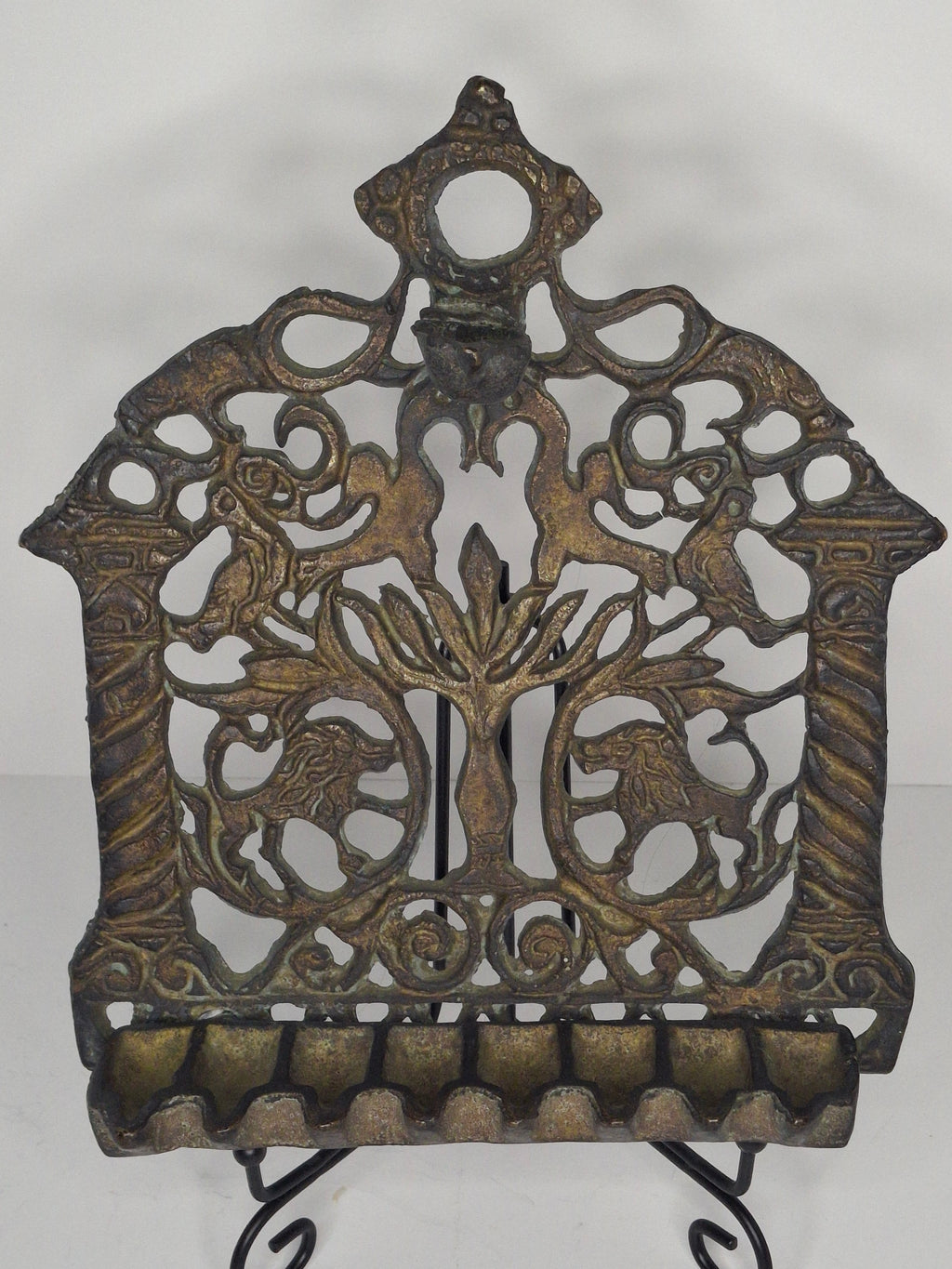 Antique 19th Century Cast Bronze Hanging Hanukkah Menorah - Ornate Eastern European Judaica with Lions, Birds, Columns & Original Patina - Wall Sconce