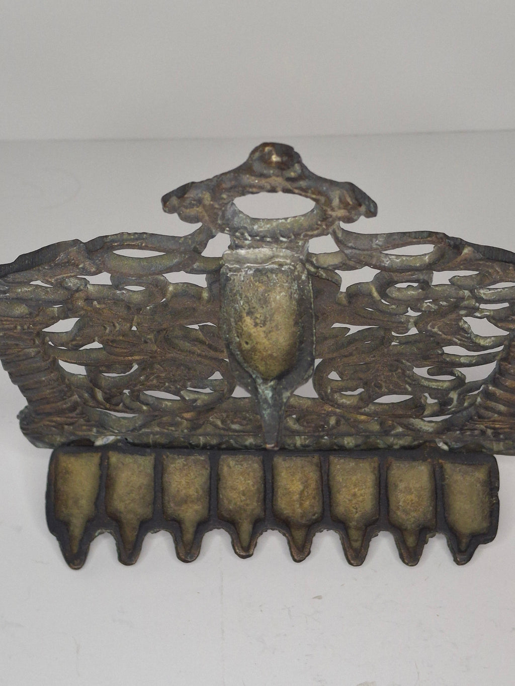 Antique 19th Century Cast Bronze Hanging Hanukkah Menorah - Ornate Eastern European Judaica with Lions, Birds, Columns & Original Patina - Wall Sconce
