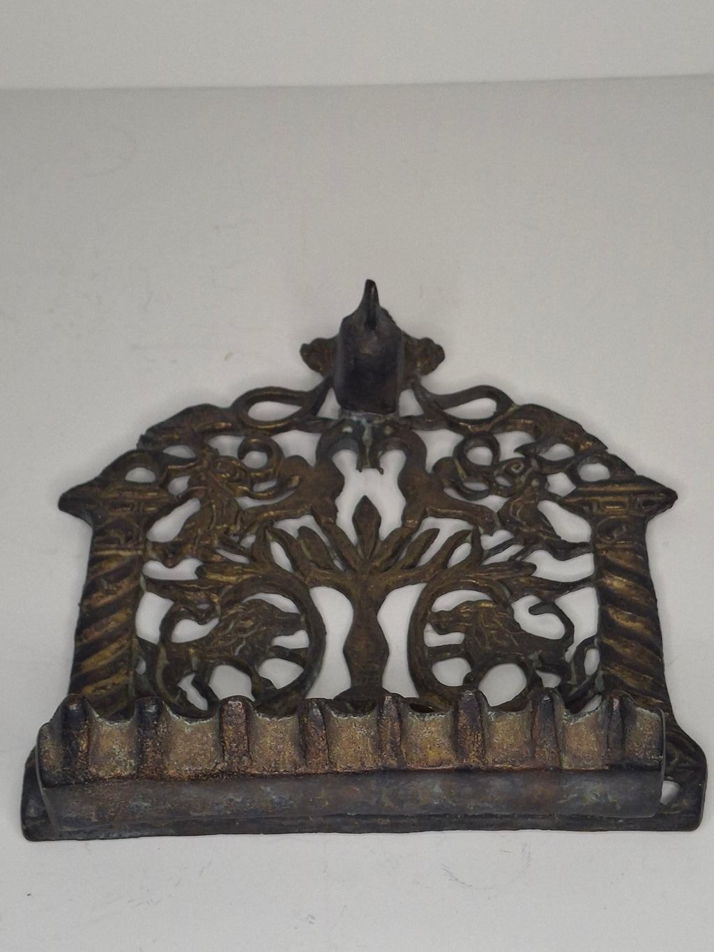 Antique 19th Century Cast Bronze Hanging Hanukkah Menorah - Ornate Eastern European Judaica with Lions, Birds, Columns & Original Patina - Wall Sconce