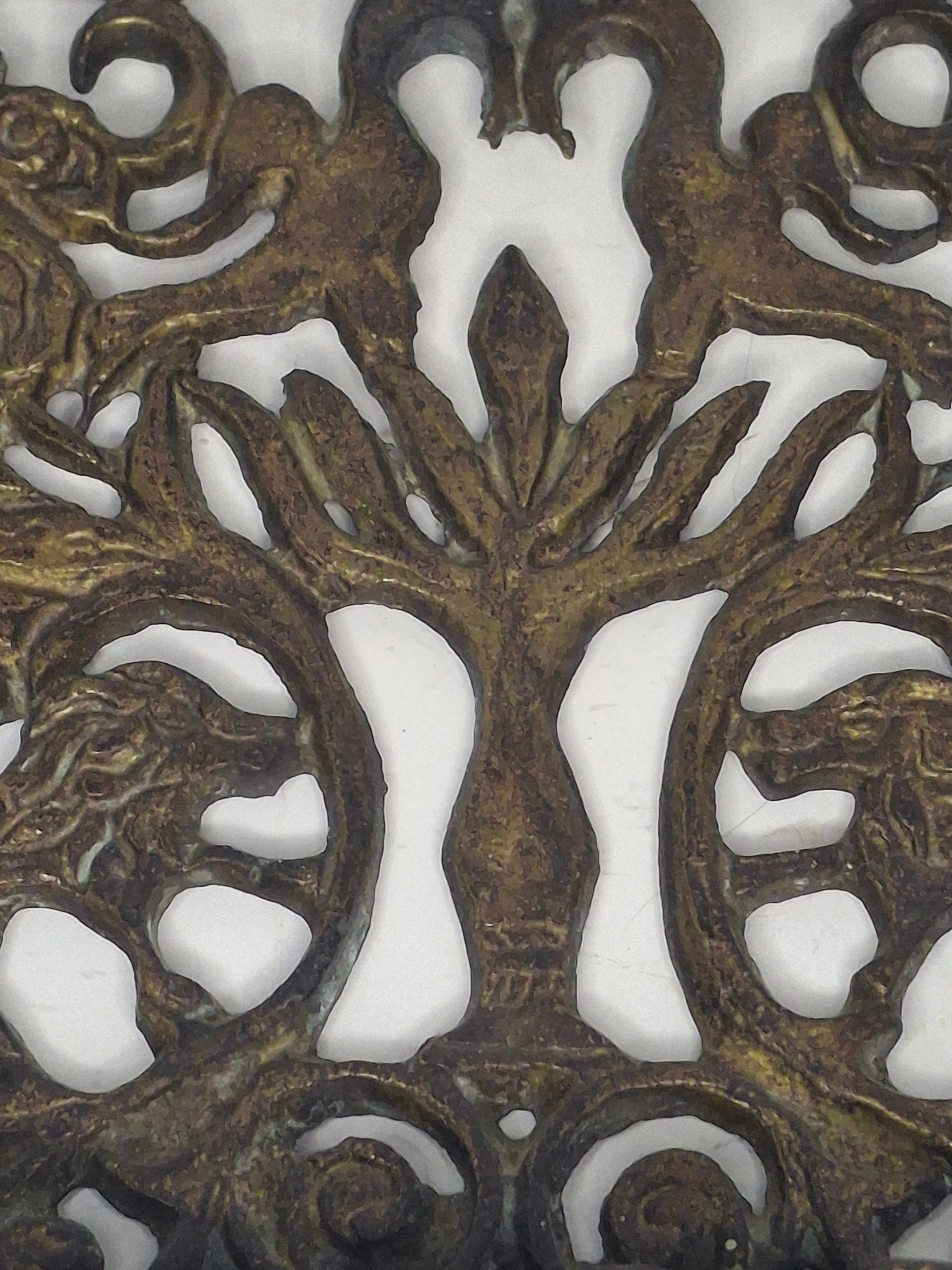 Antique 19th Century Cast Bronze Hanging Hanukkah Menorah - Ornate Eastern European Judaica with Lions, Birds, Columns & Original Patina - Wall Sconce