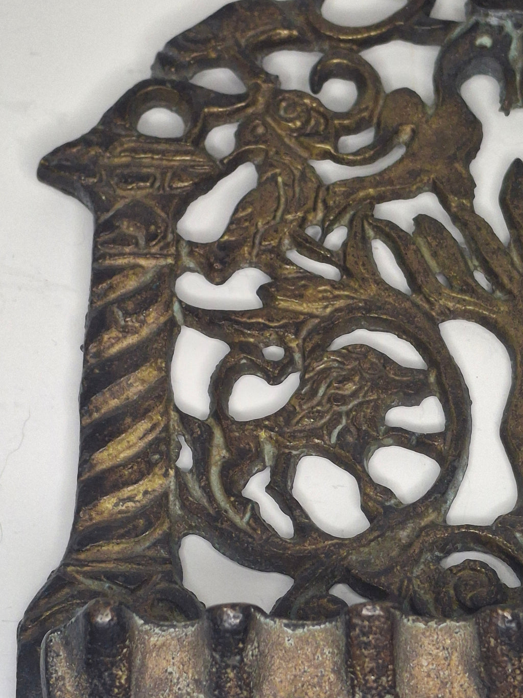 Antique 19th Century Cast Bronze Hanging Hanukkah Menorah - Ornate Eastern European Judaica with Lions, Birds, Columns & Original Patina - Wall Sconce