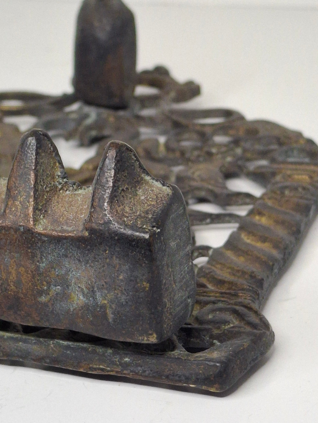 Antique 19th Century Cast Bronze Hanging Hanukkah Menorah - Ornate Eastern European Judaica with Lions, Birds, Columns & Original Patina - Wall Sconce