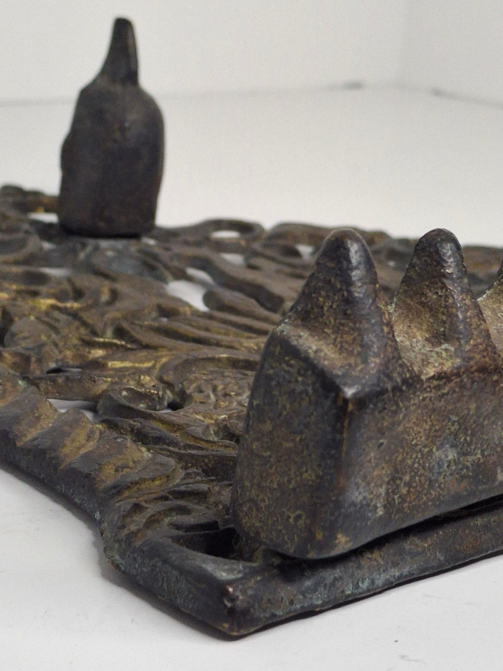 Antique 19th Century Cast Bronze Hanging Hanukkah Menorah - Ornate Eastern European Judaica with Lions, Birds, Columns & Original Patina - Wall Sconce