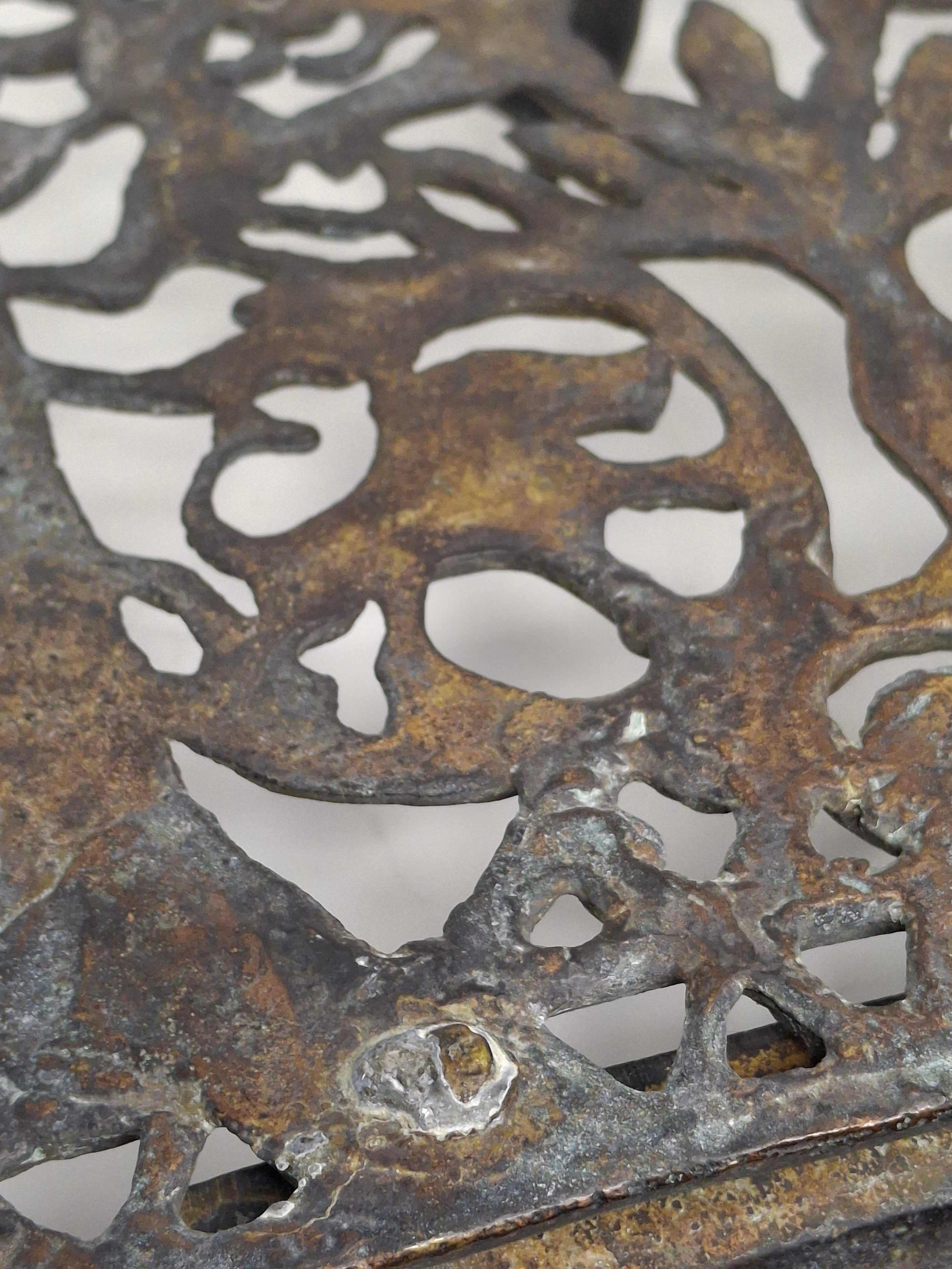 Antique 19th Century Cast Bronze Hanging Hanukkah Menorah - Ornate Eastern European Judaica with Lions, Birds, Columns & Original Patina - Wall Sconce