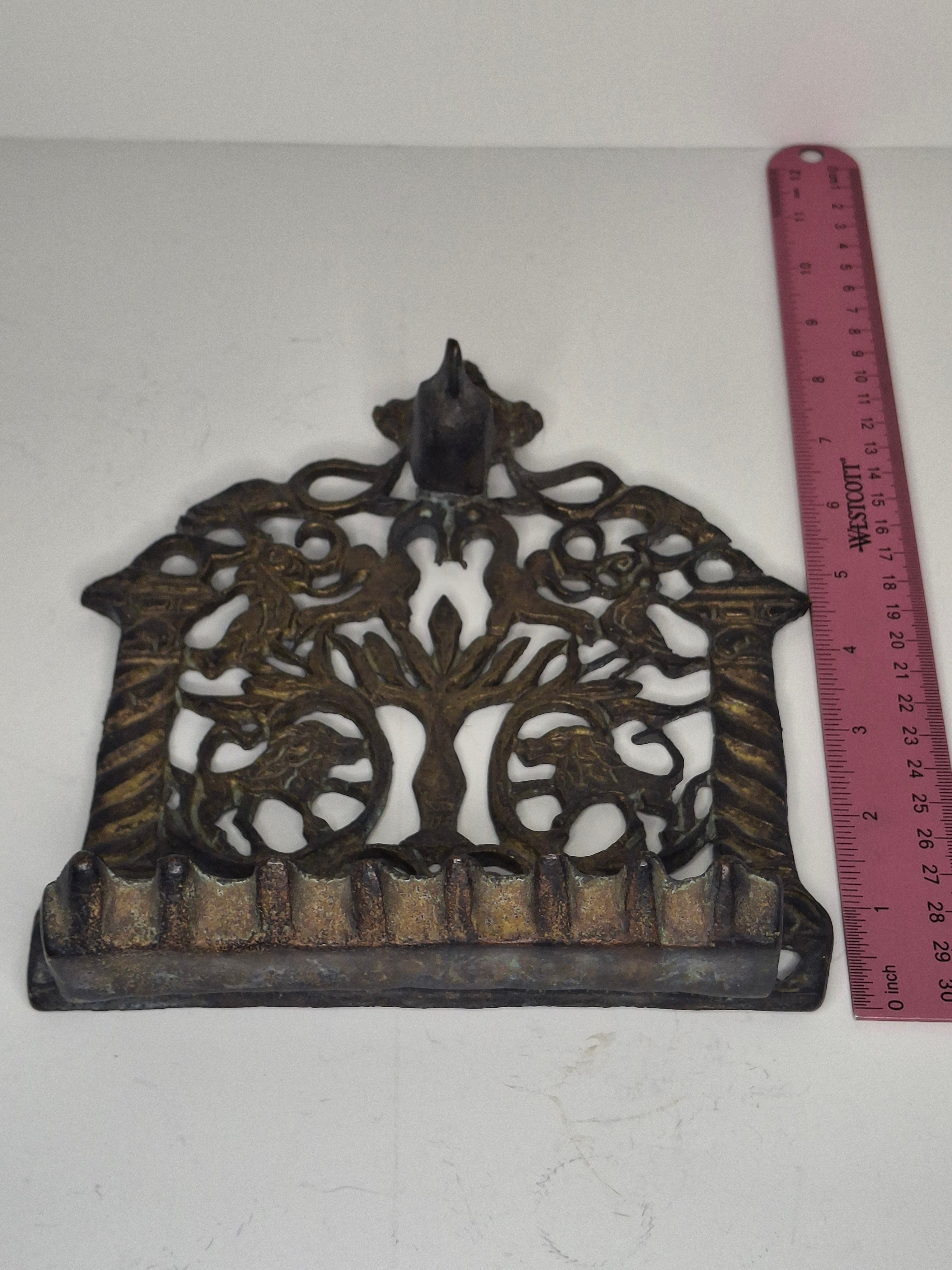 Antique 19th Century Cast Bronze Hanging Hanukkah Menorah - Ornate Eastern European Judaica with Lions, Birds, Columns & Original Patina - Wall Sconce