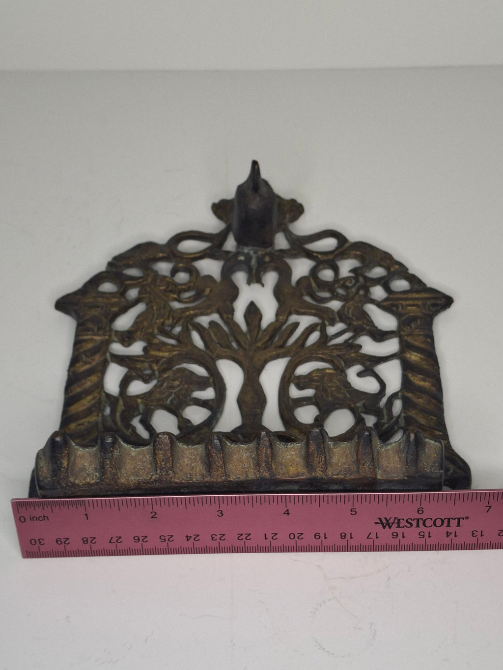 Antique 19th Century Cast Bronze Hanging Hanukkah Menorah - Ornate Eastern European Judaica with Lions, Birds, Columns & Original Patina - Wall Sconce