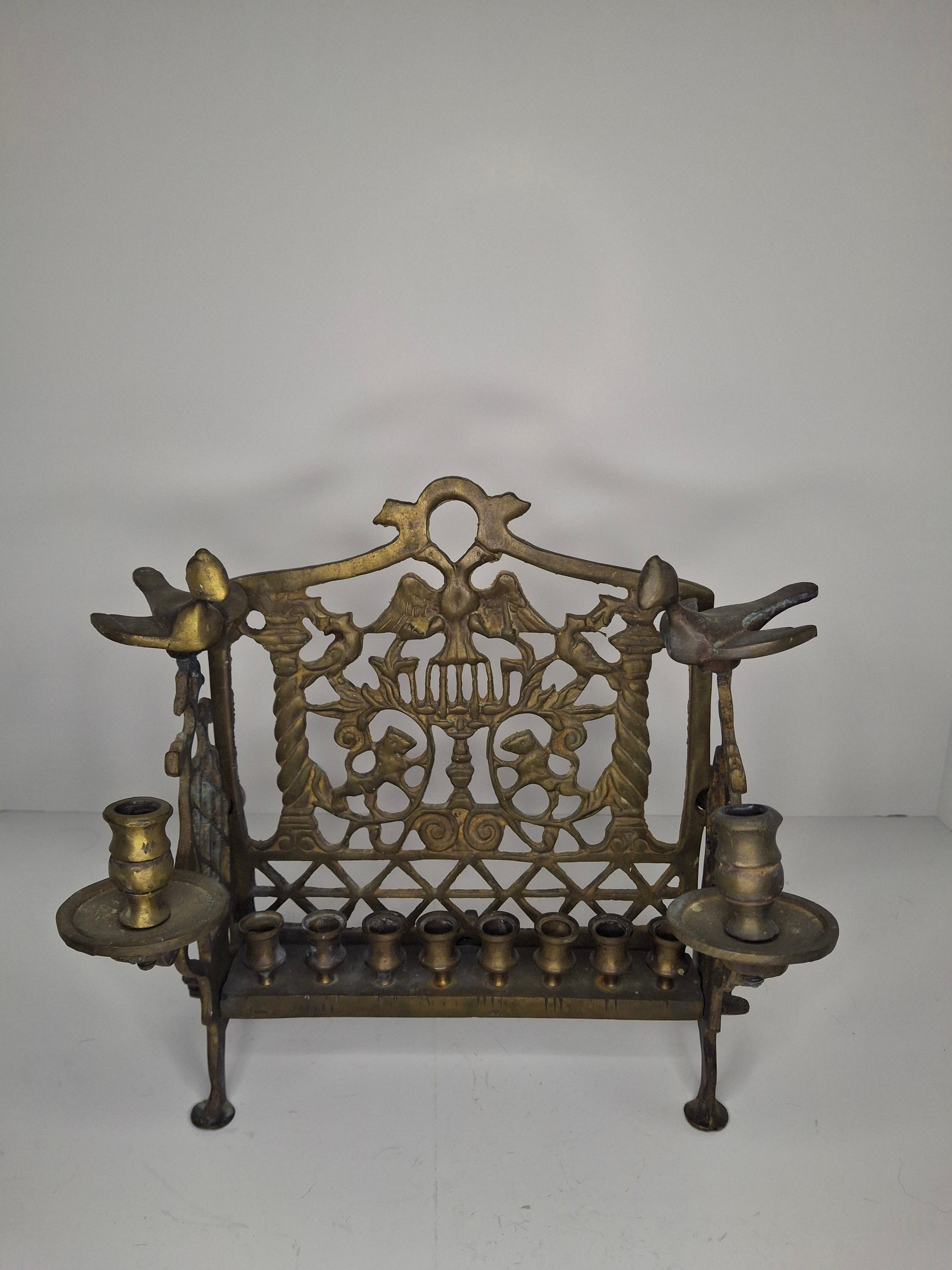 Vintage Eastern European Brass Bench-Style Hanukkah Menorah with Double-Headed Eagle, Lions, Birds, Columns, and Shabbat Candlesticks