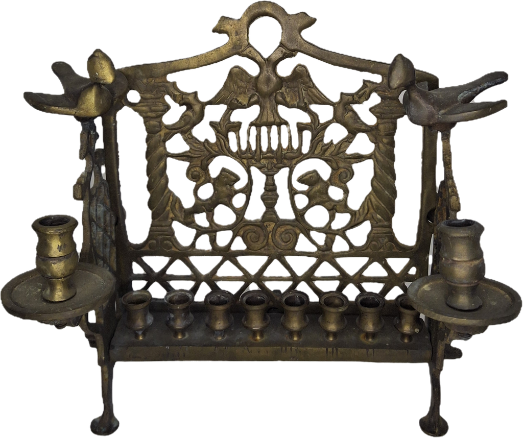 Vintage Eastern European Brass Bench-Style Hanukkah Menorah with Double-Headed Eagle, Lions, Birds, Columns, and Shabbat Candlesticks