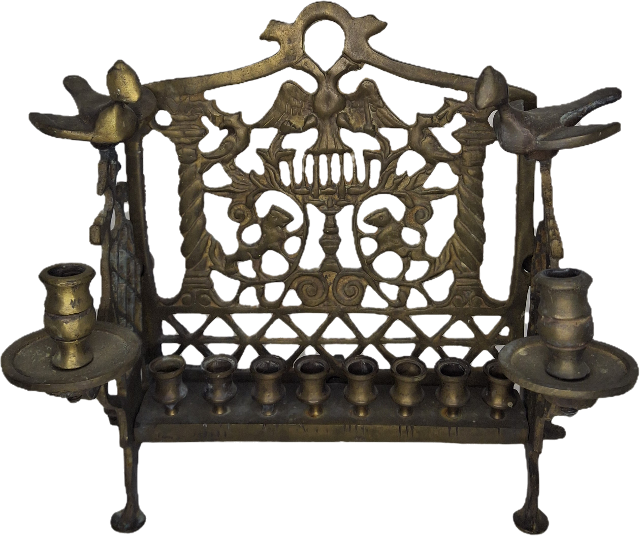 Vintage Eastern European Brass Bench-Style Hanukkah Menorah with Double-Headed Eagle, Lions, Birds, Columns, and Shabbat Candlesticks