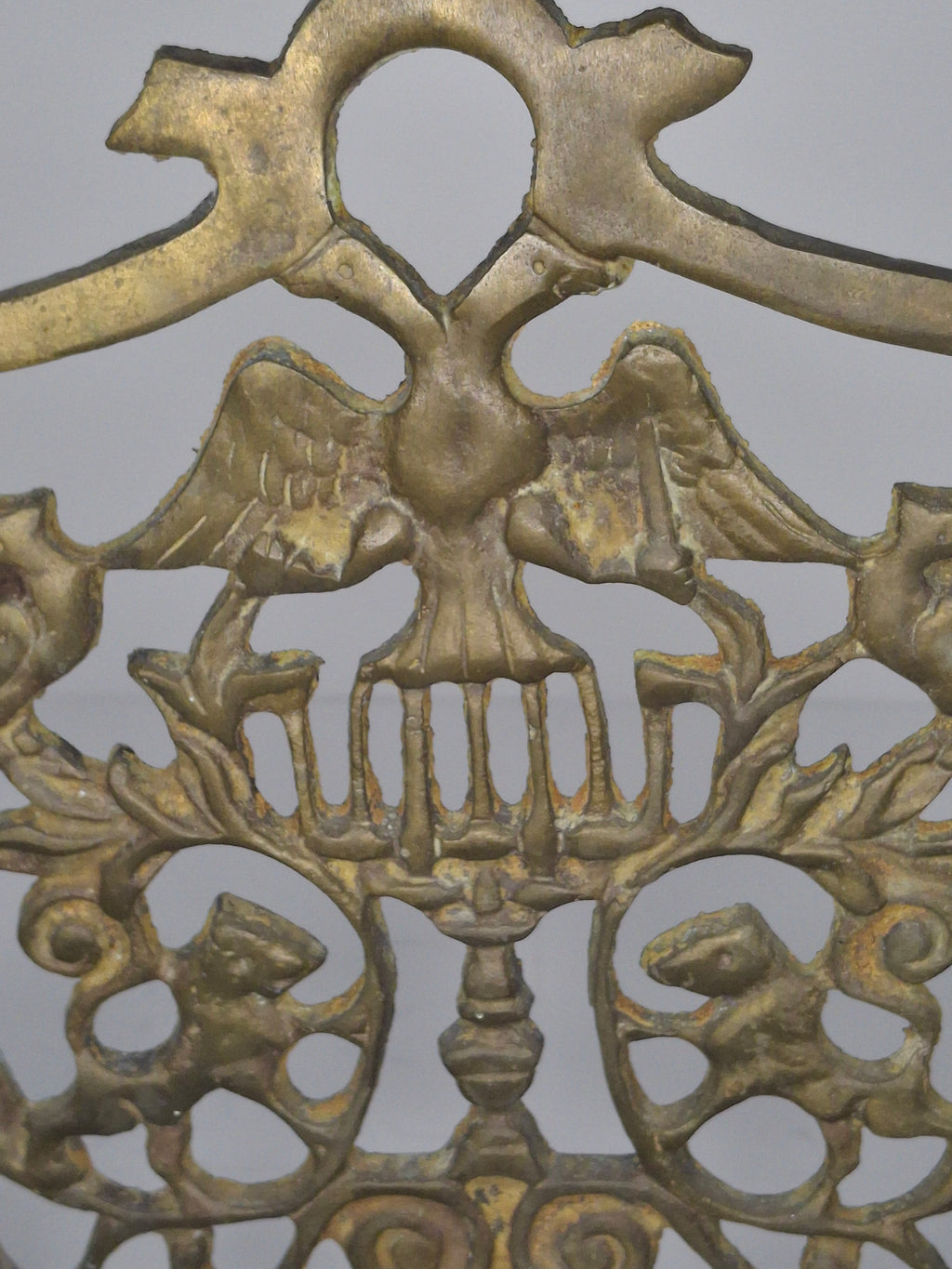 Vintage Eastern European Brass Bench-Style Hanukkah Menorah with Double-Headed Eagle, Lions, Birds, Columns, and Shabbat Candlesticks