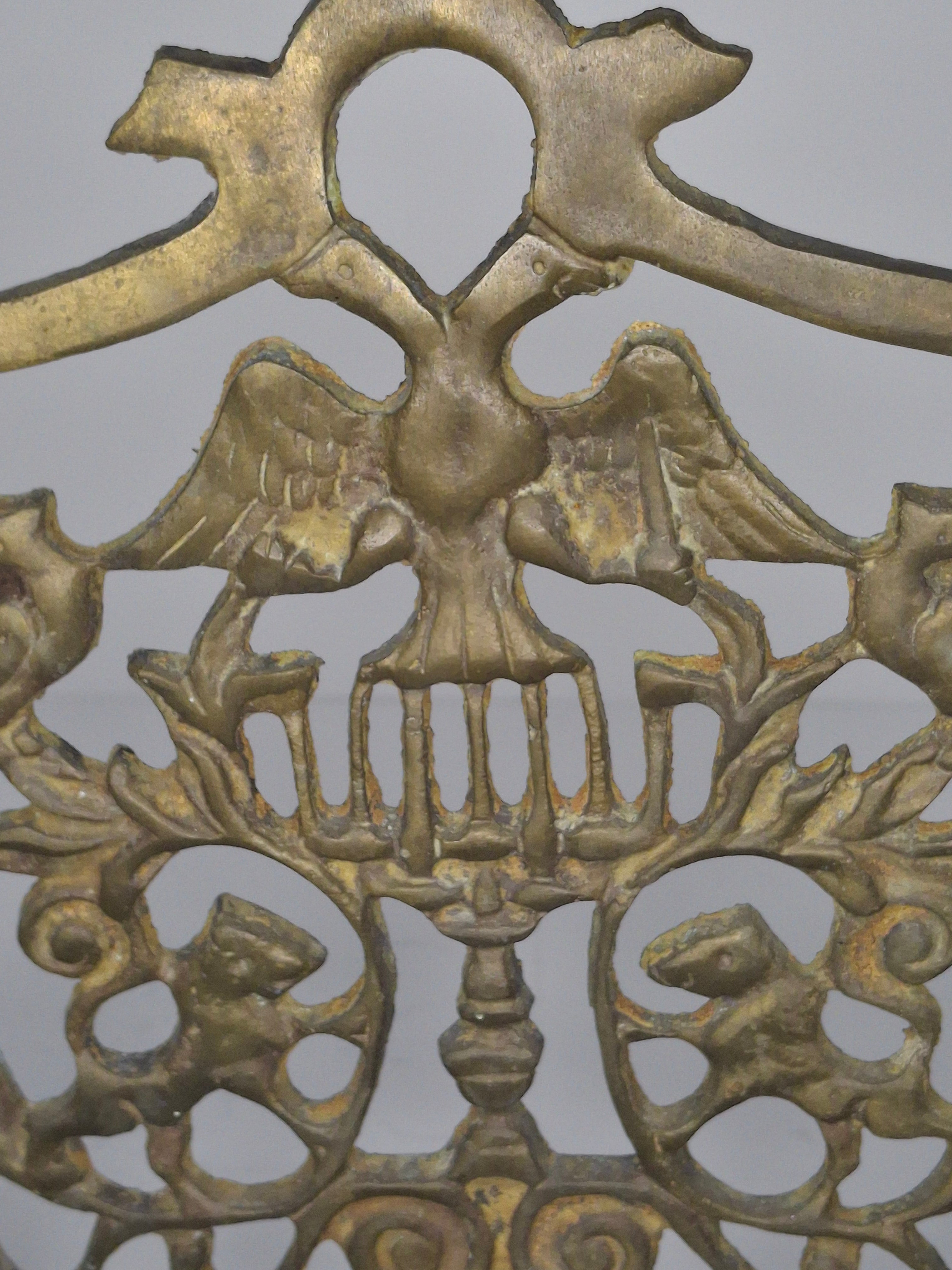 Vintage Eastern European Brass Bench-Style Hanukkah Menorah with Double-Headed Eagle, Lions, Birds, Columns, and Shabbat Candlesticks