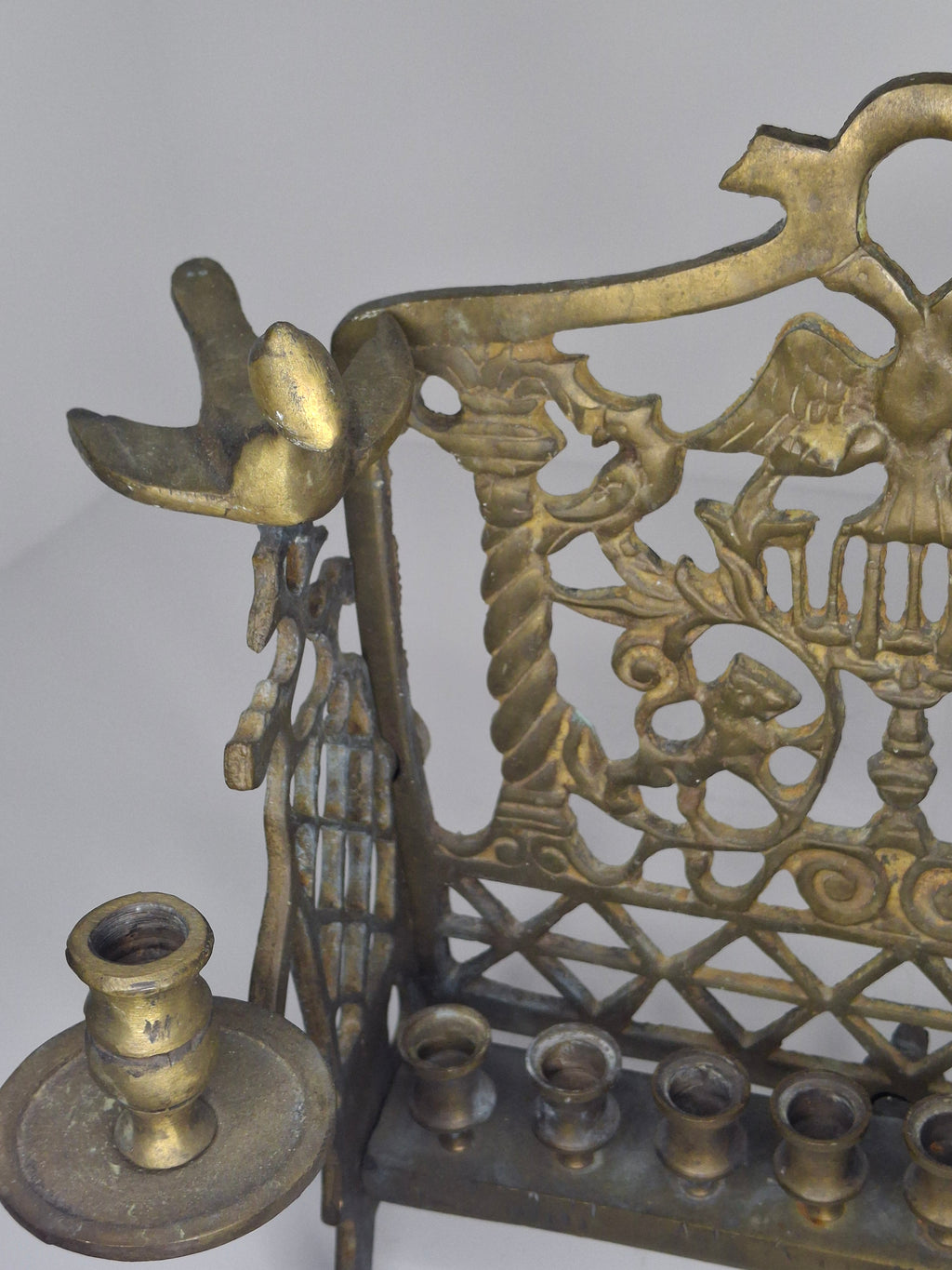 Vintage Eastern European Brass Bench-Style Hanukkah Menorah with Double-Headed Eagle, Lions, Birds, Columns, and Shabbat Candlesticks