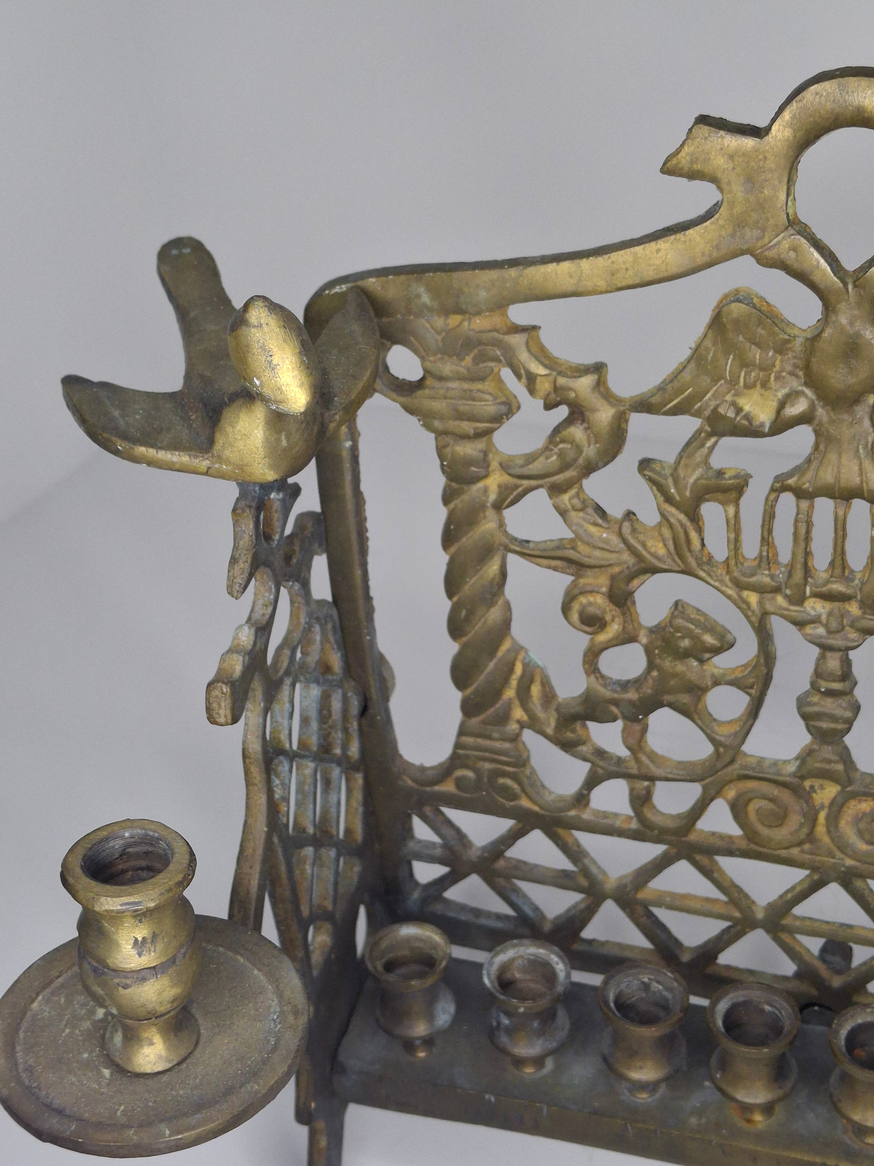 Vintage Eastern European Brass Bench-Style Hanukkah Menorah with Double-Headed Eagle, Lions, Birds, Columns, and Shabbat Candlesticks