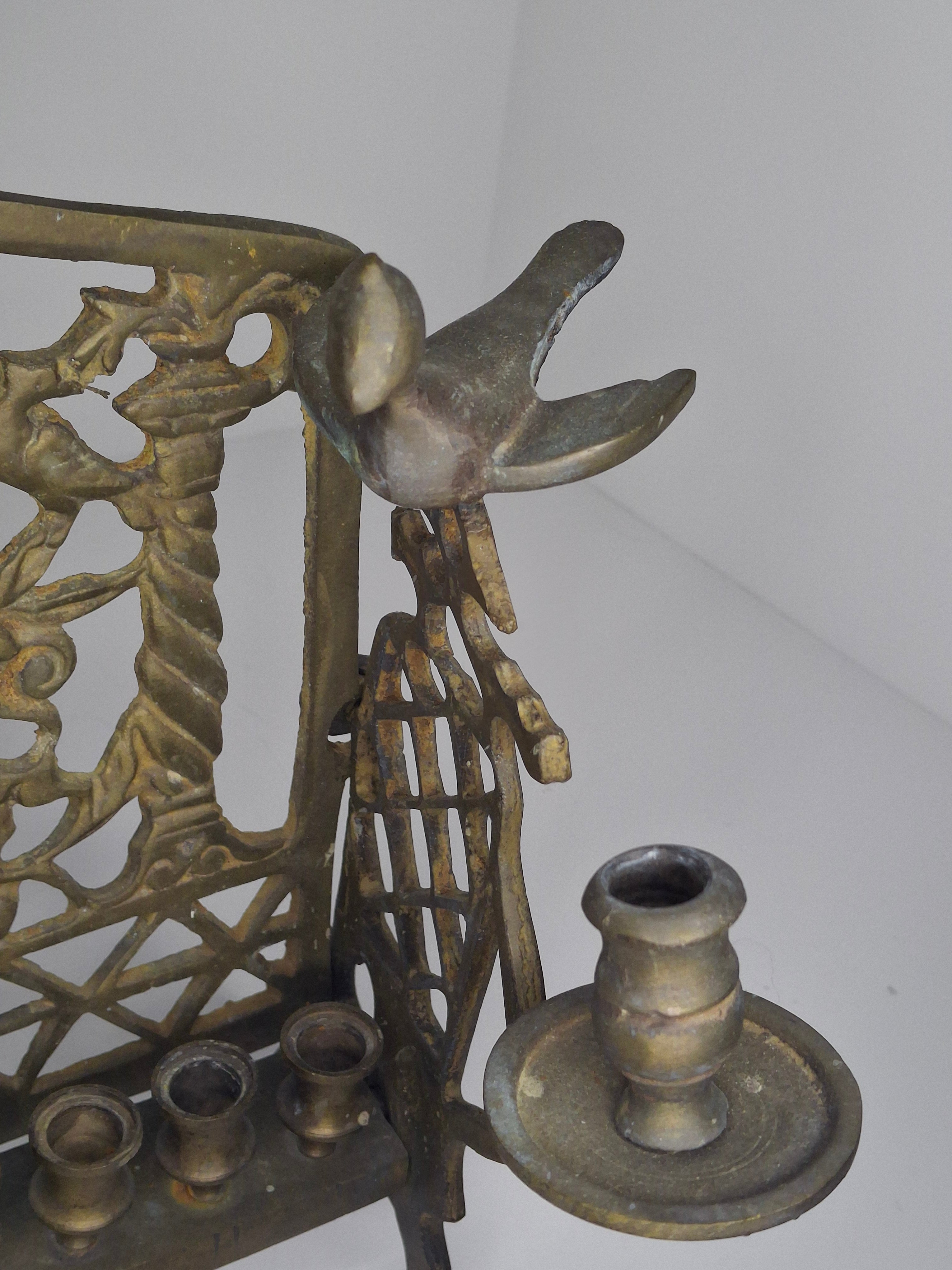 Vintage Eastern European Brass Bench-Style Hanukkah Menorah with Double-Headed Eagle, Lions, Birds, Columns, and Shabbat Candlesticks