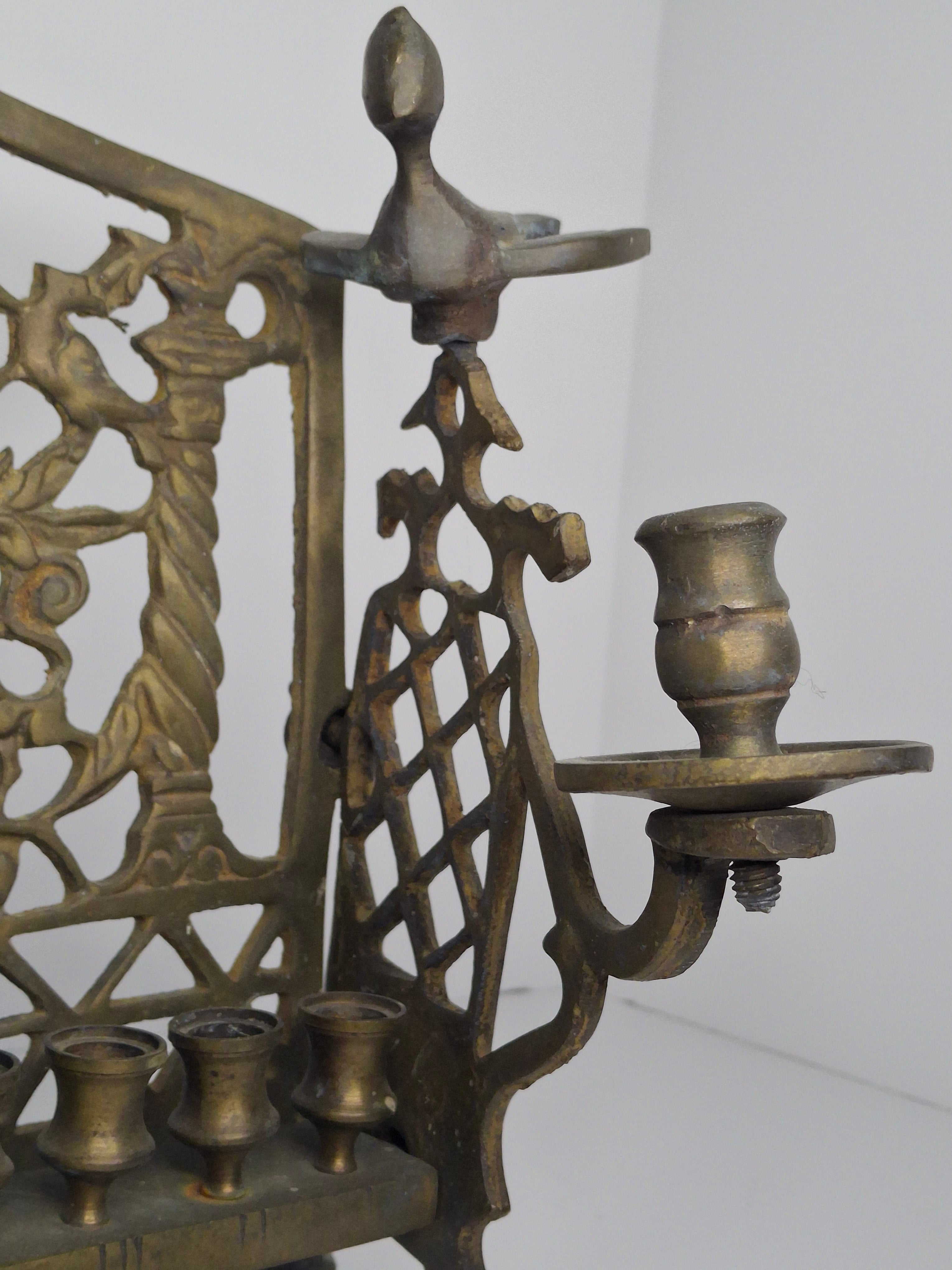 Vintage Eastern European Brass Bench-Style Hanukkah Menorah with Double-Headed Eagle, Lions, Birds, Columns, and Shabbat Candlesticks