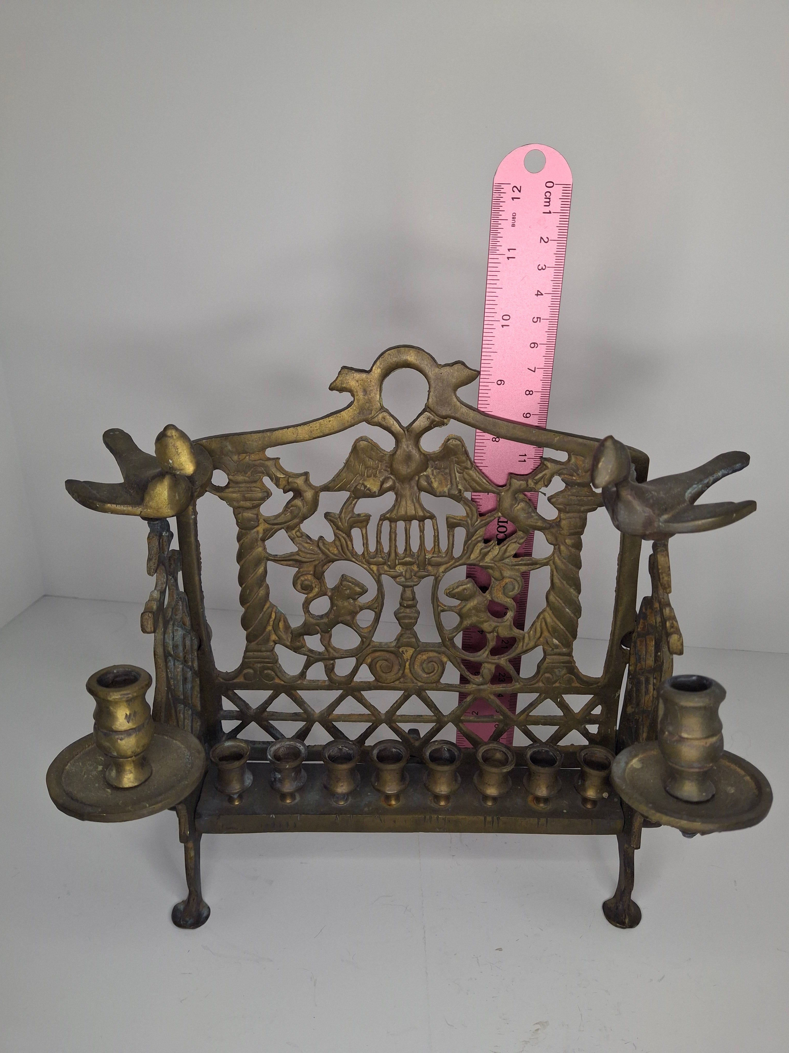 Vintage Eastern European Brass Bench-Style Hanukkah Menorah with Double-Headed Eagle, Lions, Birds, Columns, and Shabbat Candlesticks