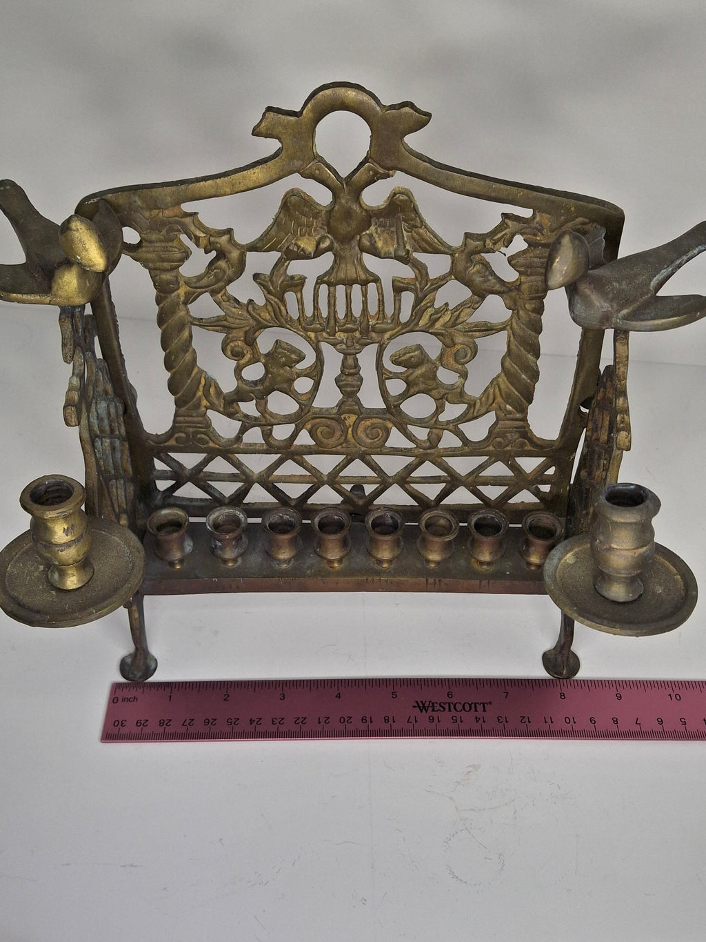 Vintage Eastern European Brass Bench-Style Hanukkah Menorah with Double-Headed Eagle, Lions, Birds, Columns, and Shabbat Candlesticks