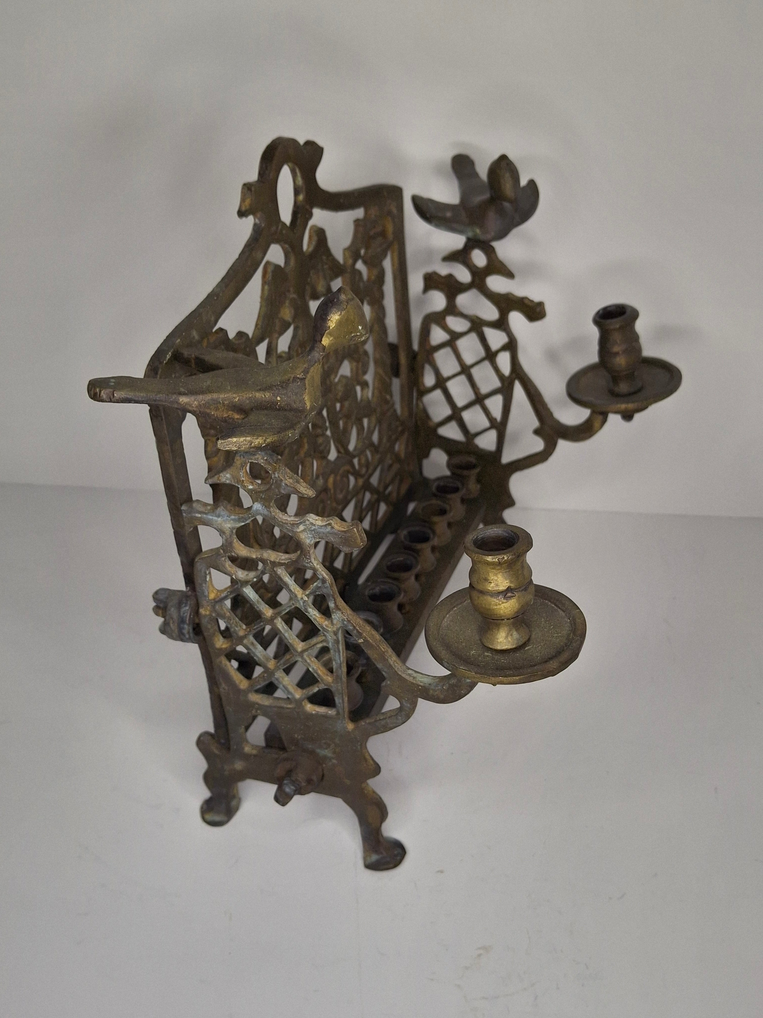 Vintage Eastern European Brass Bench-Style Hanukkah Menorah with Double-Headed Eagle, Lions, Birds, Columns, and Shabbat Candlesticks
