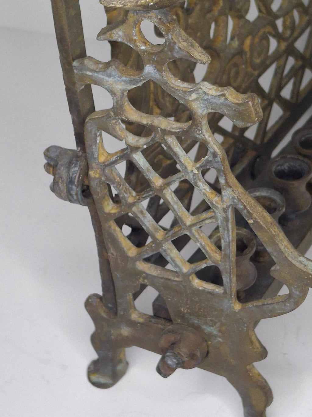 Vintage Eastern European Brass Bench-Style Hanukkah Menorah with Double-Headed Eagle, Lions, Birds, Columns, and Shabbat Candlesticks