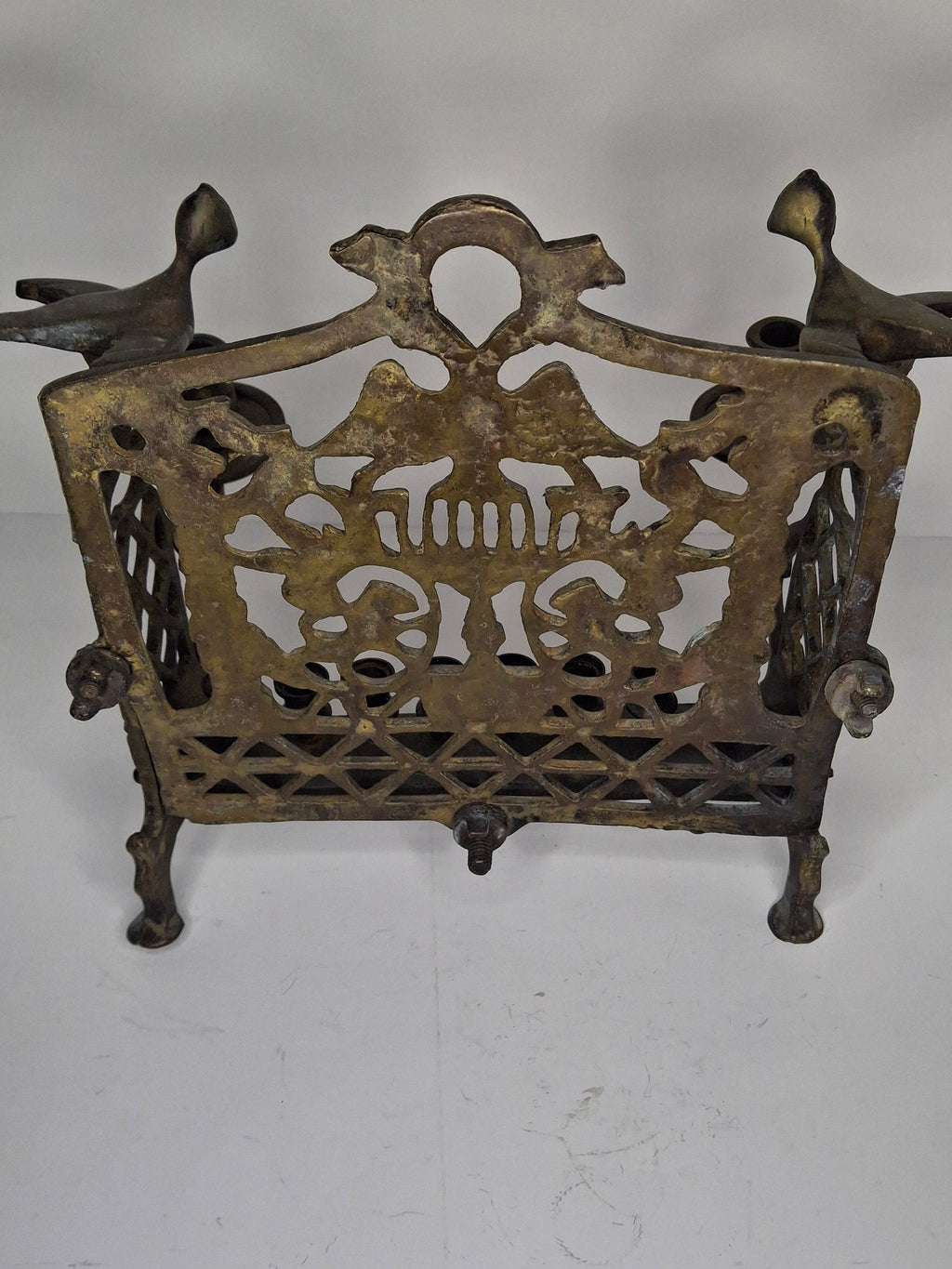 Vintage Eastern European Brass Bench-Style Hanukkah Menorah with Double-Headed Eagle, Lions, Birds, Columns, and Shabbat Candlesticks