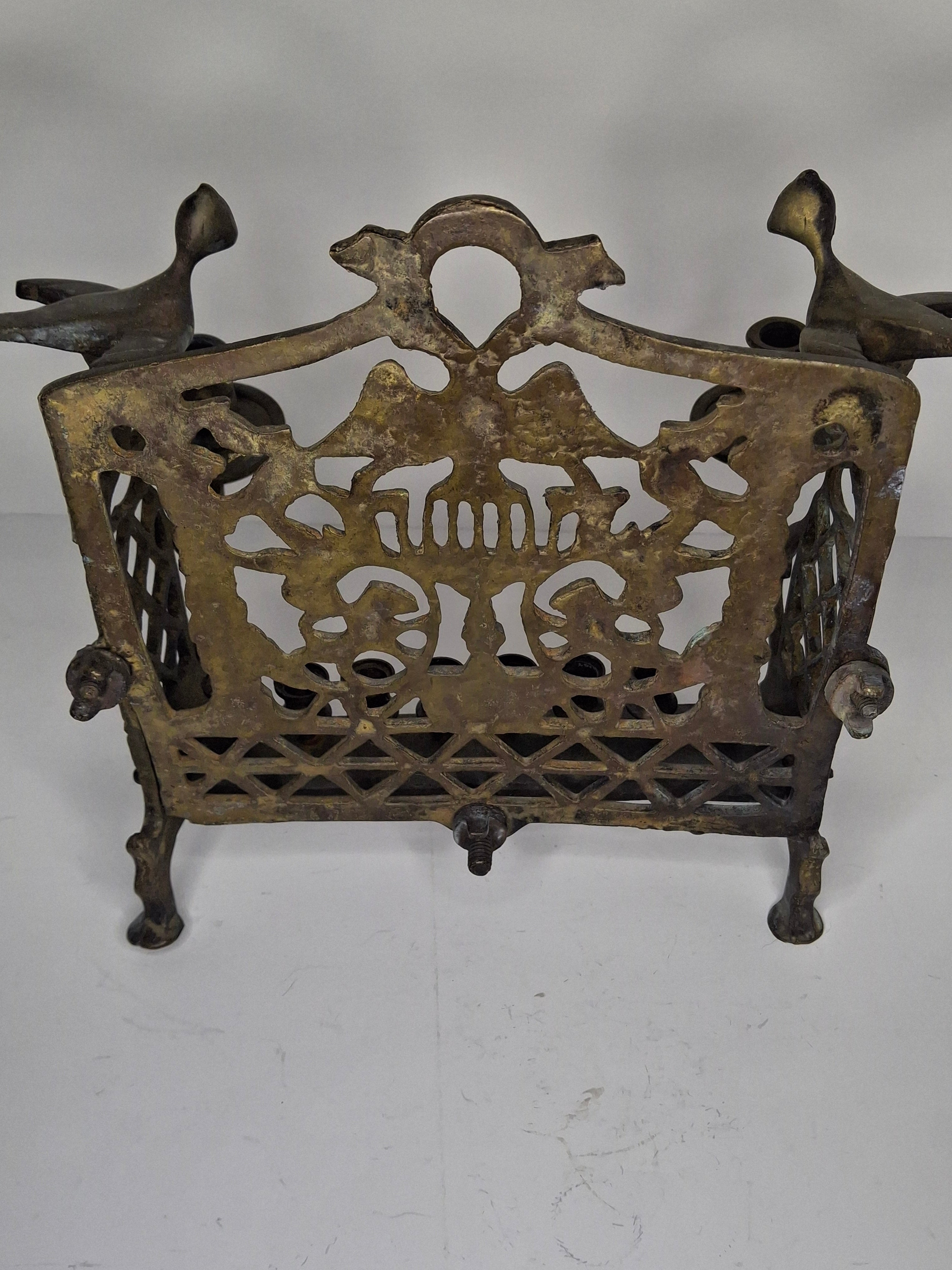 Vintage Eastern European Brass Bench-Style Hanukkah Menorah with Double-Headed Eagle, Lions, Birds, Columns, and Shabbat Candlesticks