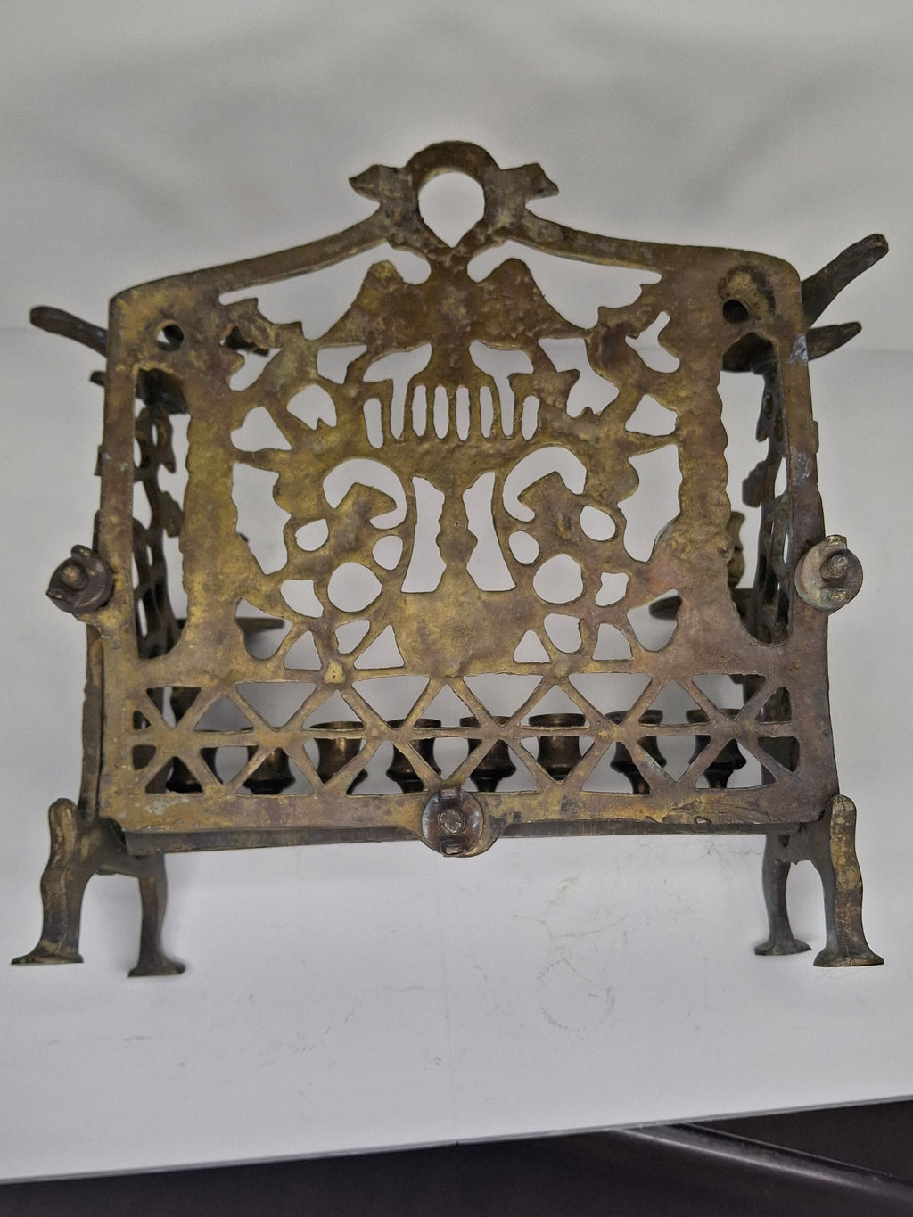 Vintage Eastern European Brass Bench-Style Hanukkah Menorah with Double-Headed Eagle, Lions, Birds, Columns, and Shabbat Candlesticks