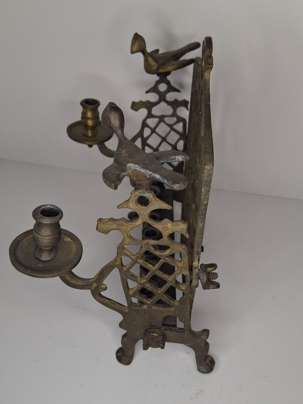 Vintage Eastern European Brass Bench-Style Hanukkah Menorah with Double-Headed Eagle, Lions, Birds, Columns, and Shabbat Candlesticks