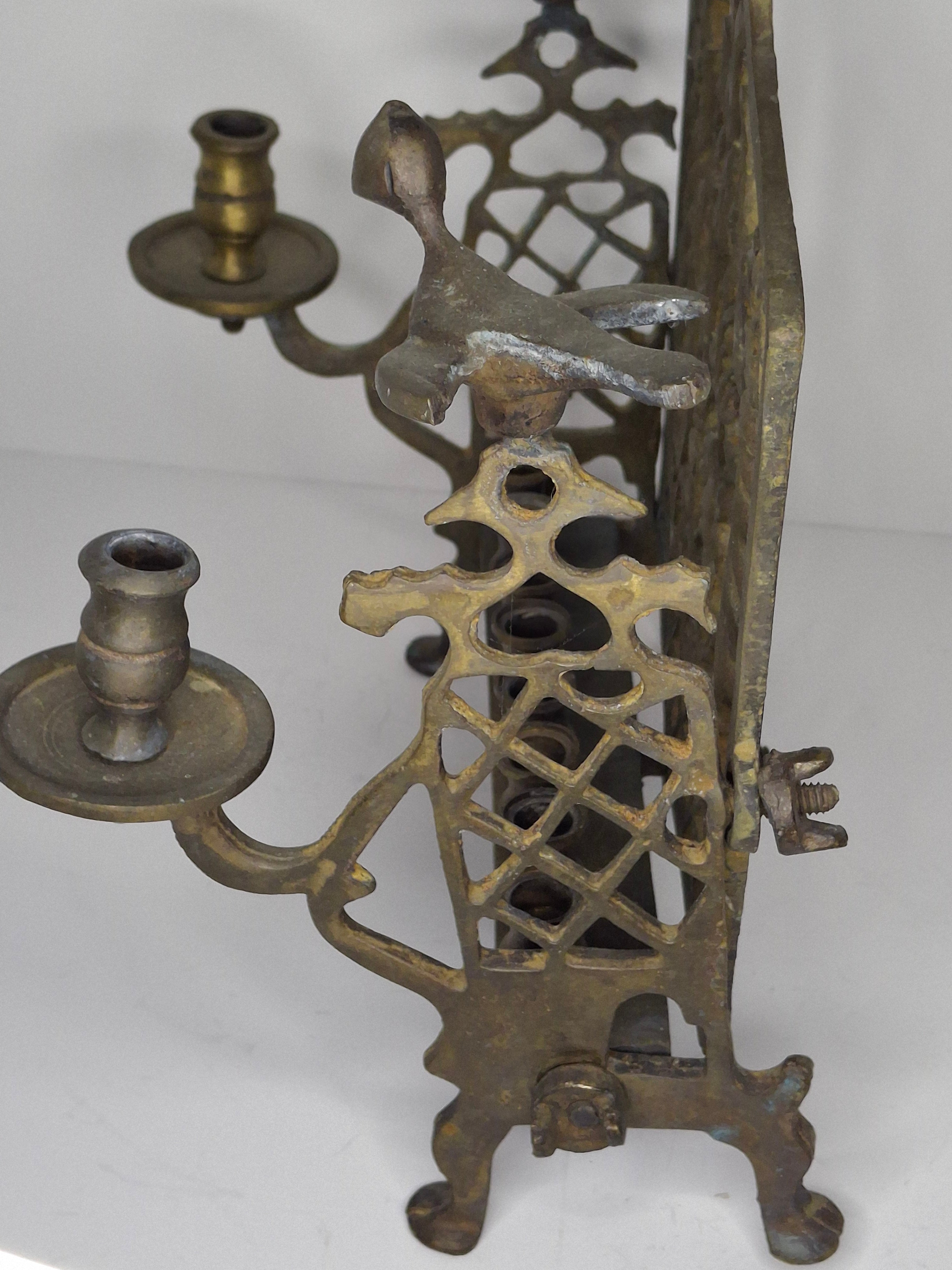 Vintage Eastern European Brass Bench-Style Hanukkah Menorah with Double-Headed Eagle, Lions, Birds, Columns, and Shabbat Candlesticks