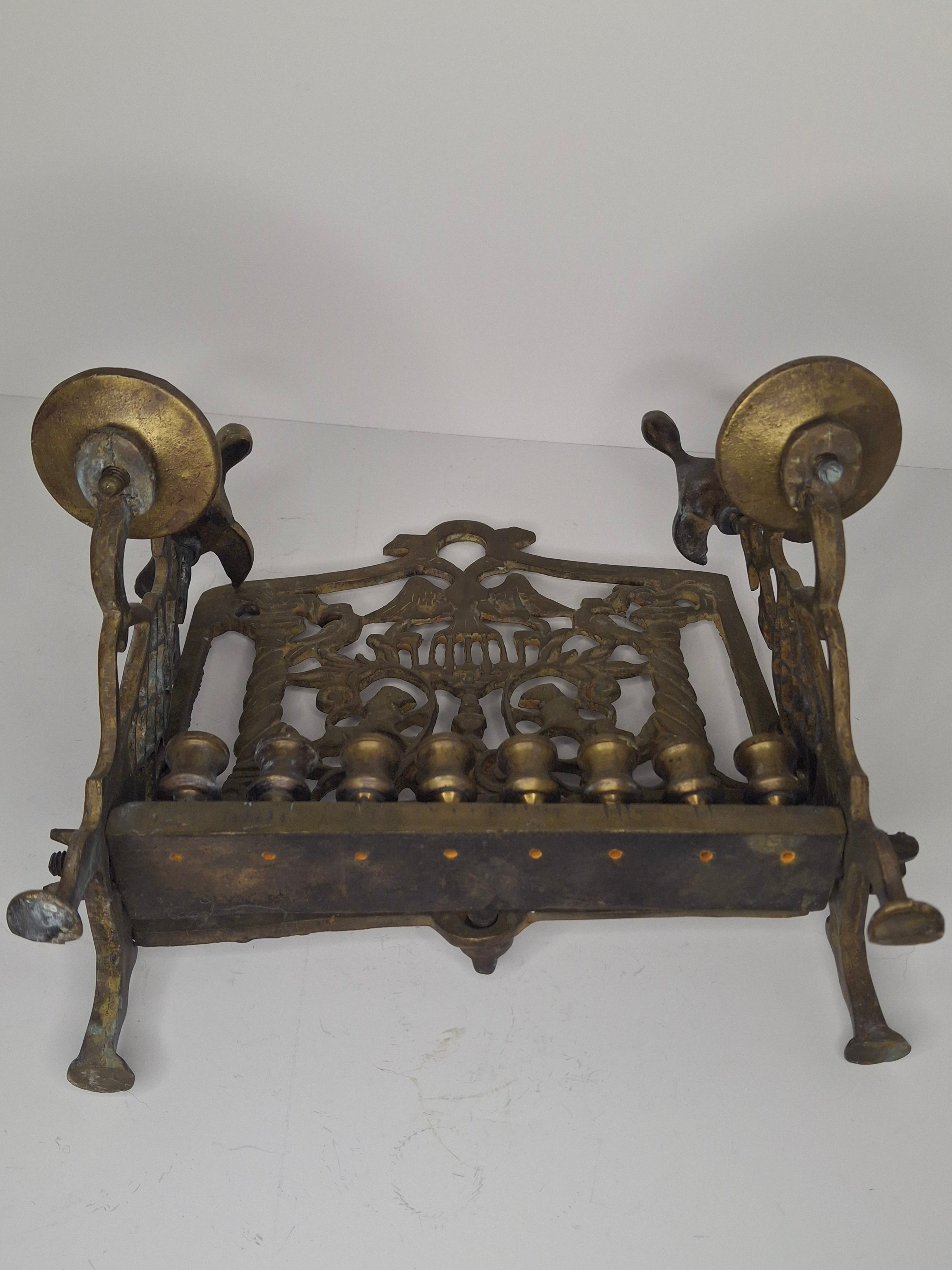 Vintage Eastern European Brass Bench-Style Hanukkah Menorah with Double-Headed Eagle, Lions, Birds, Columns, and Shabbat Candlesticks