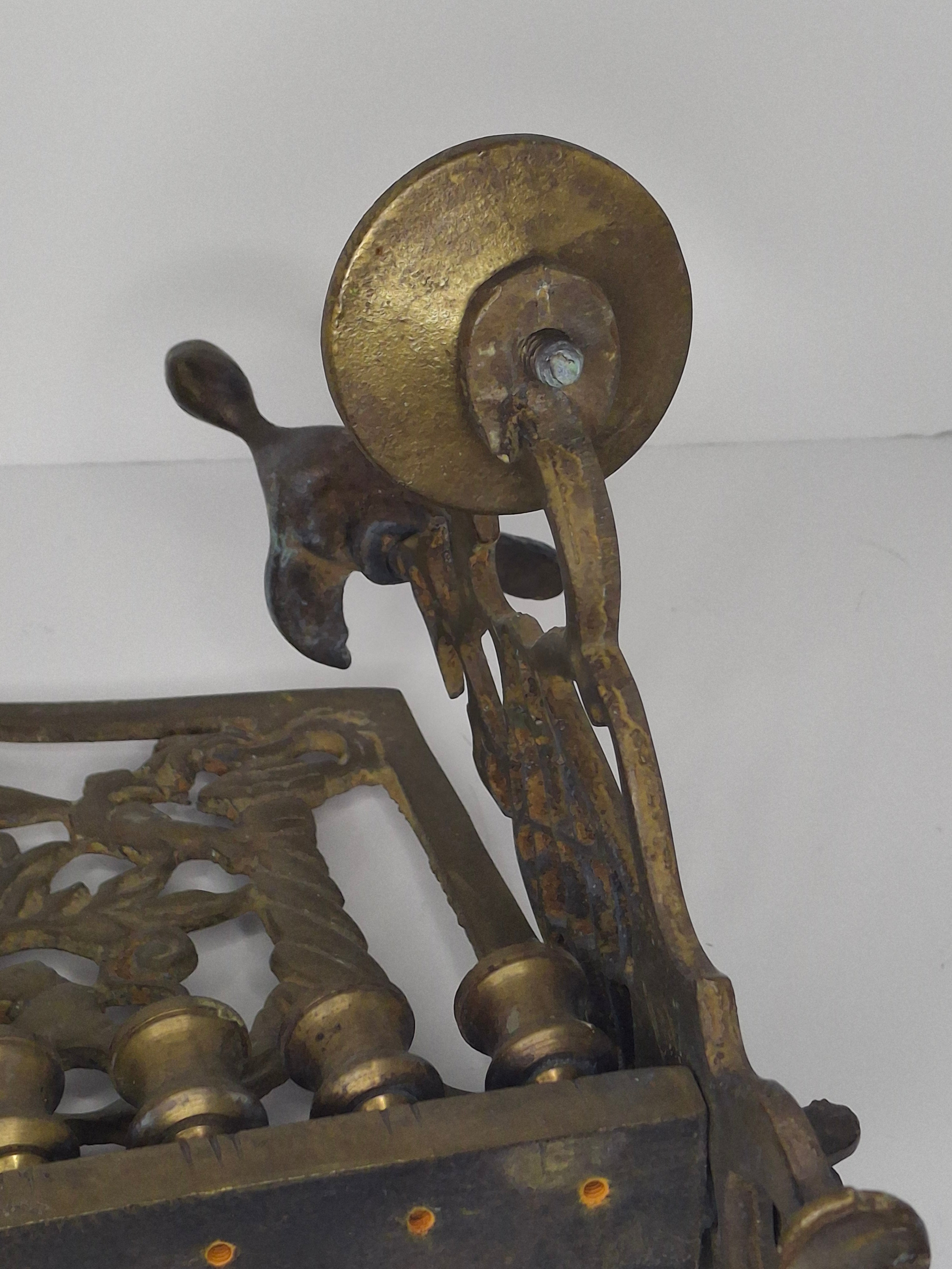 Vintage Eastern European Brass Bench-Style Hanukkah Menorah with Double-Headed Eagle, Lions, Birds, Columns, and Shabbat Candlesticks