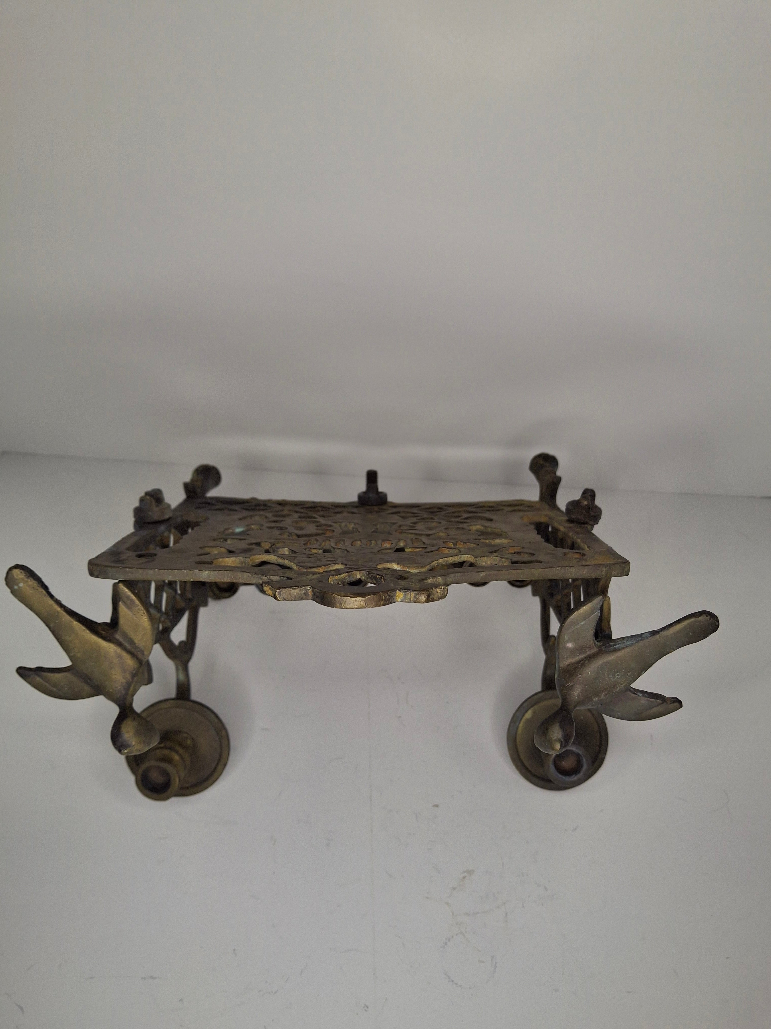 Vintage Eastern European Brass Bench-Style Hanukkah Menorah with Double-Headed Eagle, Lions, Birds, Columns, and Shabbat Candlesticks