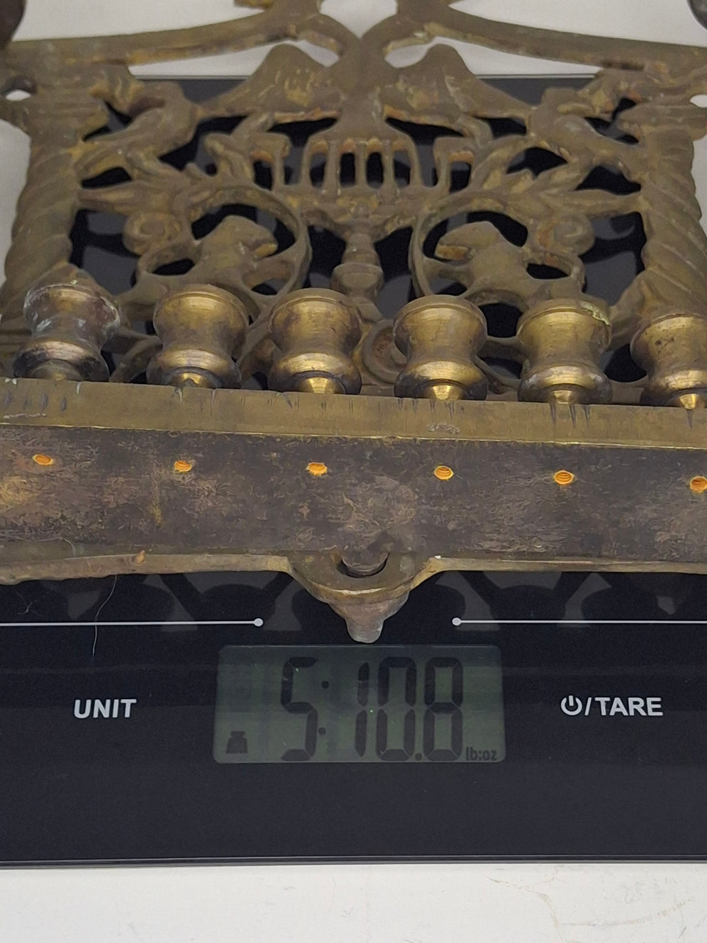Vintage Eastern European Brass Bench-Style Hanukkah Menorah with Double-Headed Eagle, Lions, Birds, Columns, and Shabbat Candlesticks