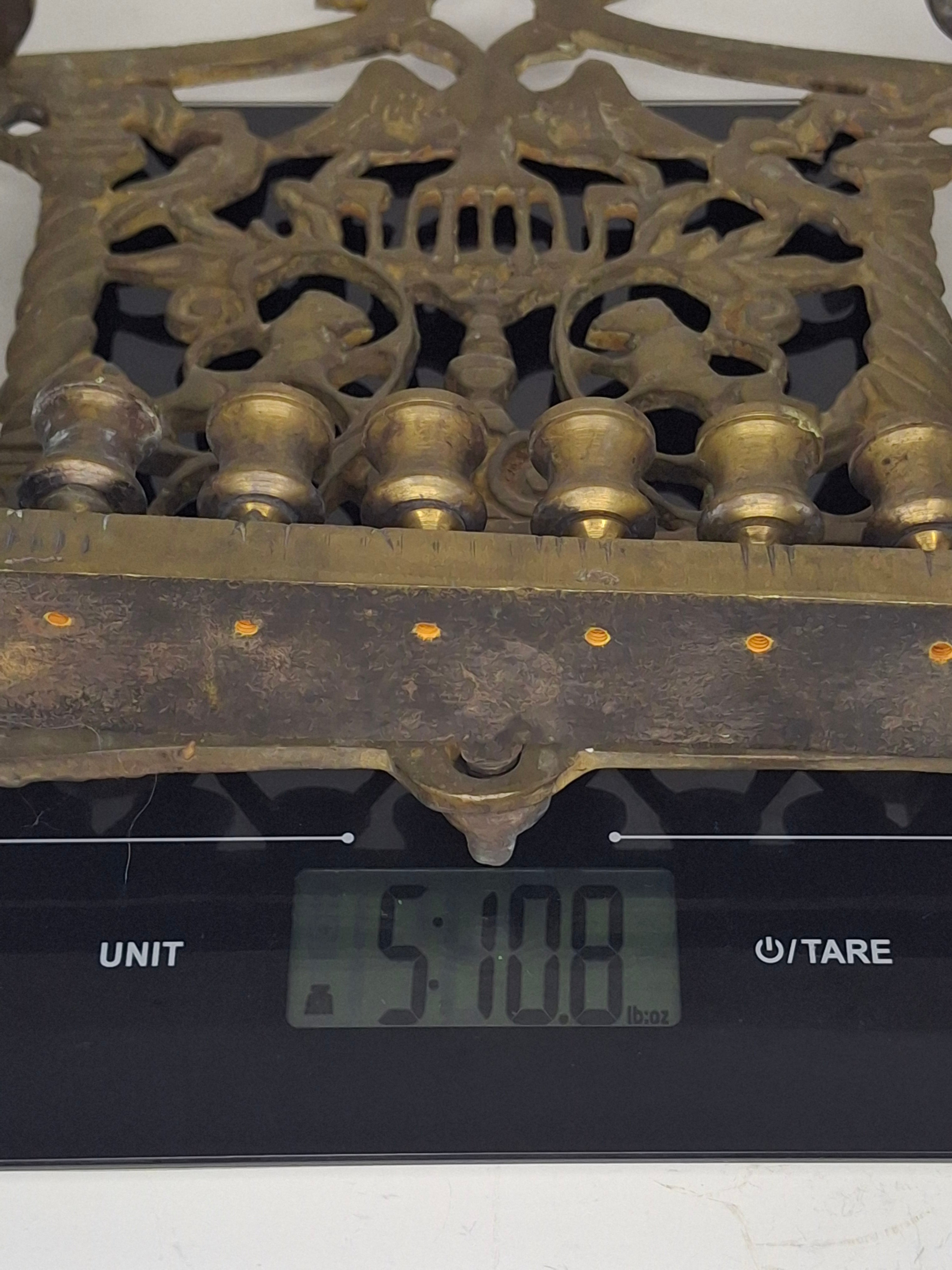 Vintage Eastern European Brass Bench-Style Hanukkah Menorah with Double-Headed Eagle, Lions, Birds, Columns, and Shabbat Candlesticks