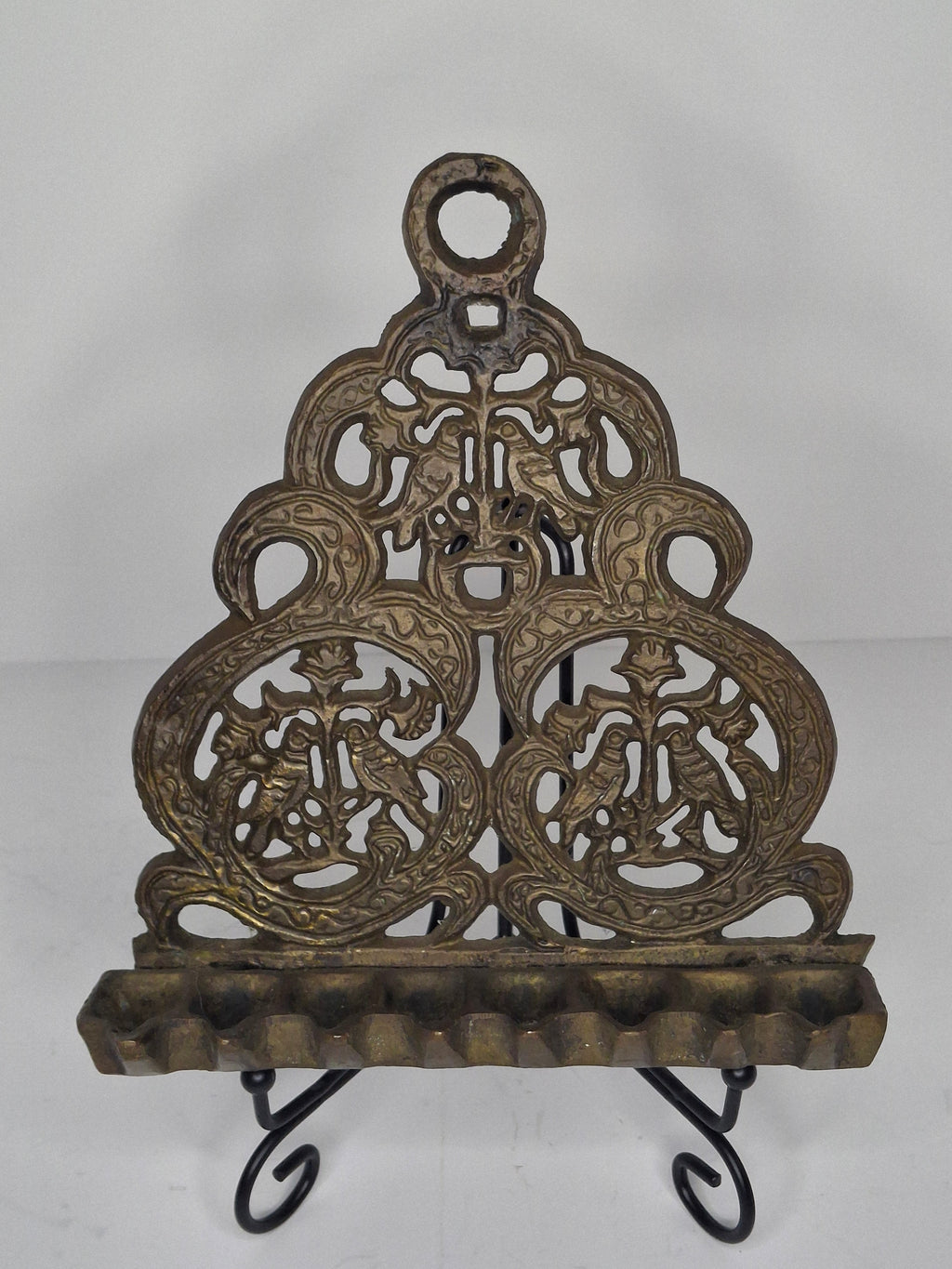 Authentic 19th Century North African Moroccan Brass Hanukkah Menorah - Ornate Filigree Hanging Lamp, 7" Tall Antique Judaica