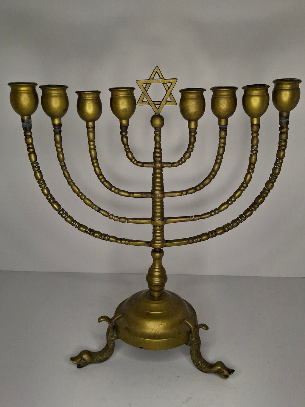 Vintage Antique Brass Hanukkah Menorah with Dolphin Feet and Star of David, Circa 1900 German Judaica, Heavy 9-Branch Chanukkiah