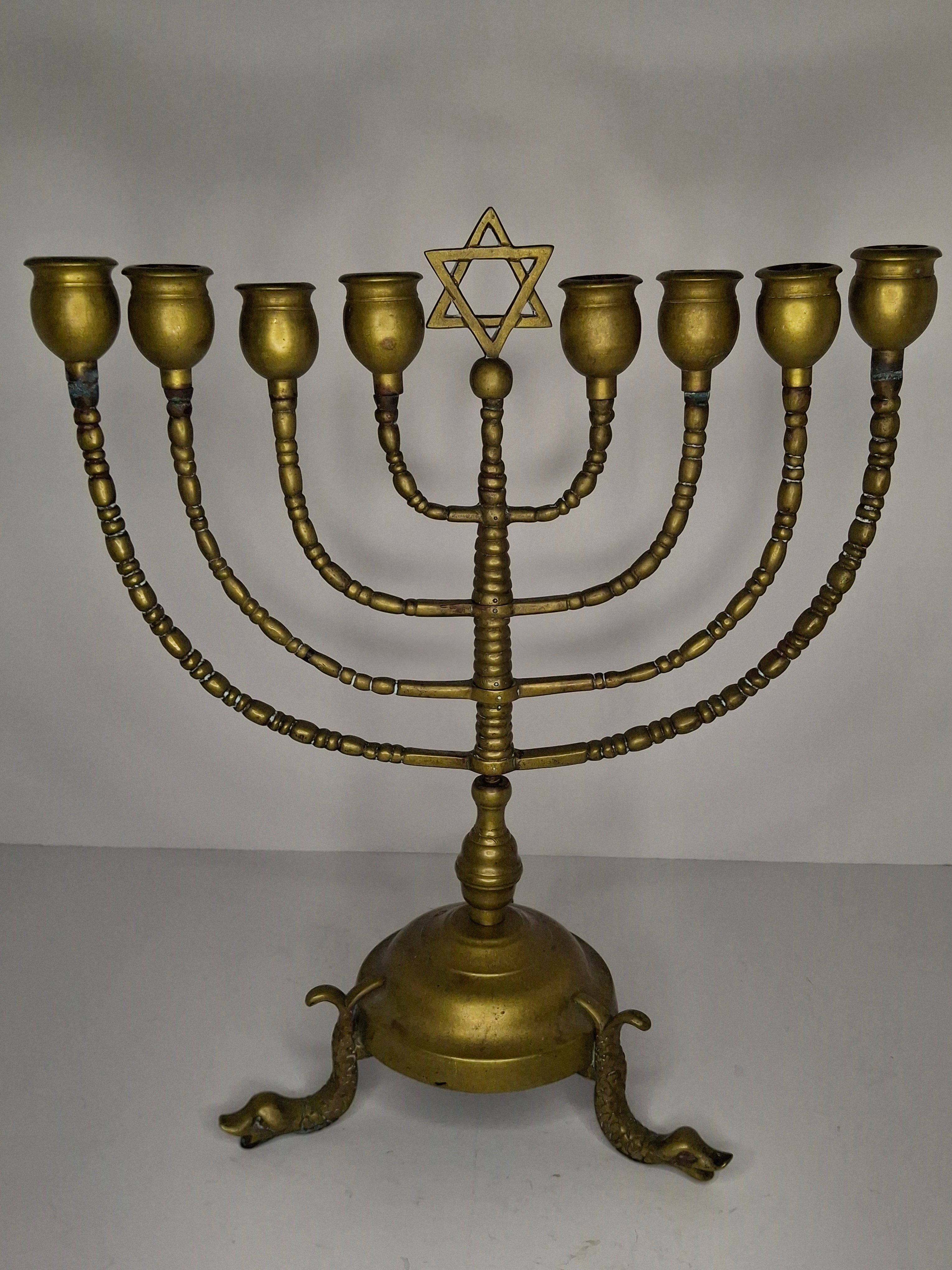 Vintage Antique Brass Hanukkah Menorah with Dolphin Feet and Star of David, Circa 1900 German Judaica, Heavy 9-Branch Chanukkiah