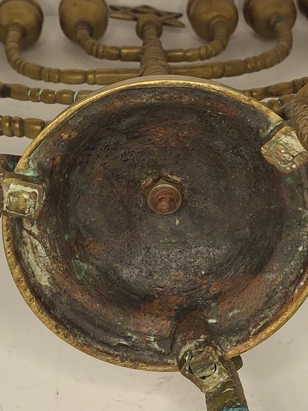 Vintage Antique Brass Hanukkah Menorah with Dolphin Feet and Star of David, Circa 1900 German Judaica, Heavy 9-Branch Chanukkiah