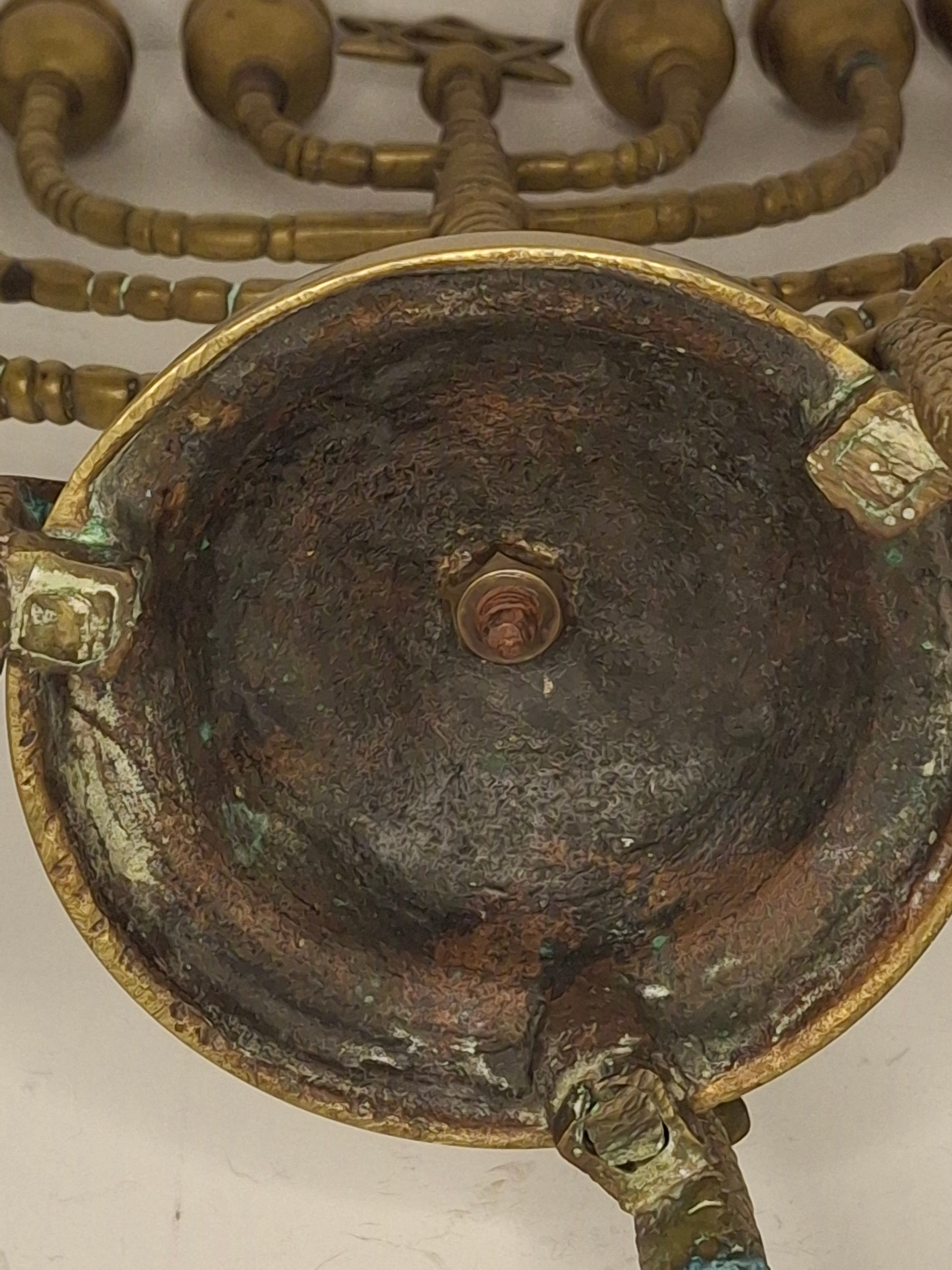 Vintage Antique Brass Hanukkah Menorah with Dolphin Feet and Star of David, Circa 1900 German Judaica, Heavy 9-Branch Chanukkiah