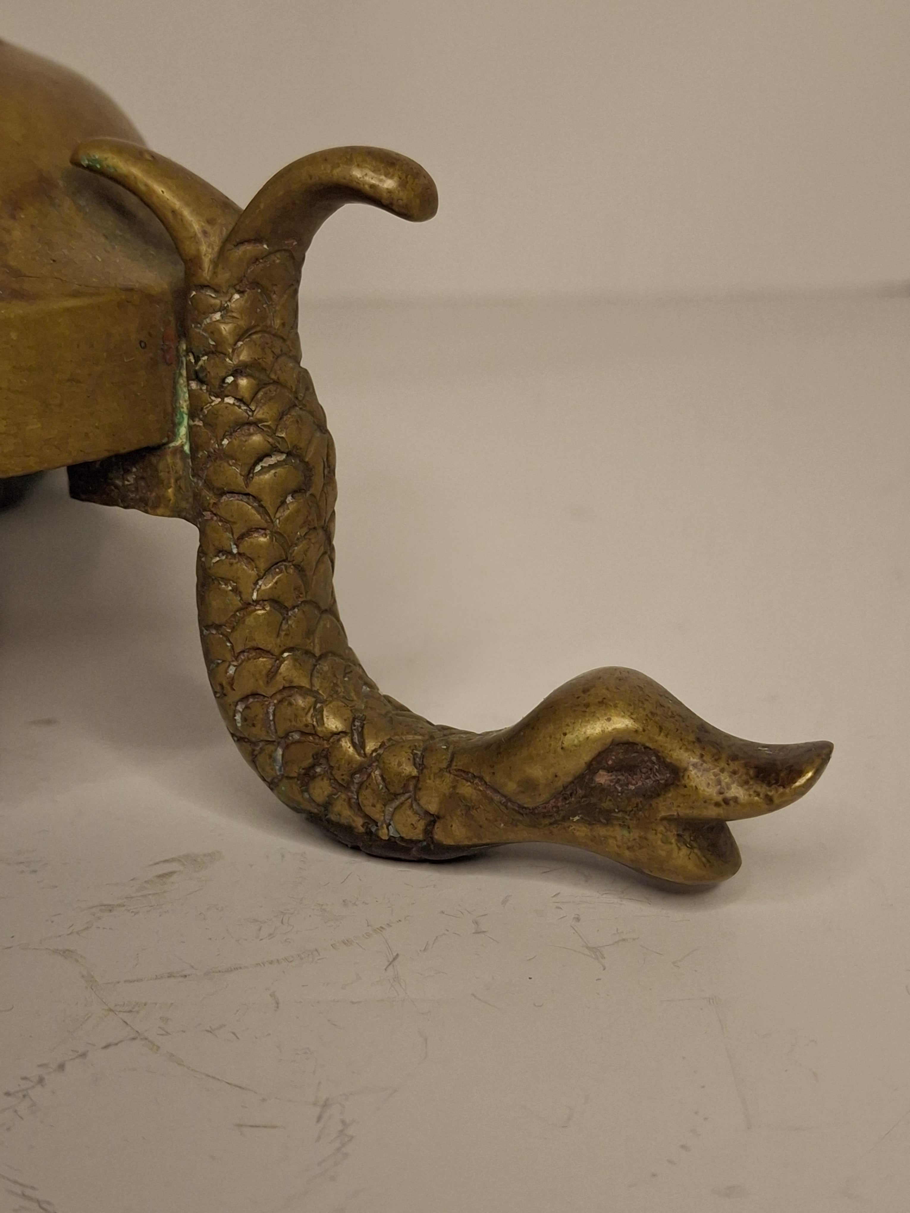 Vintage Antique Brass Hanukkah Menorah with Dolphin Feet and Star of David, Circa 1900 German Judaica, Heavy 9-Branch Chanukkiah