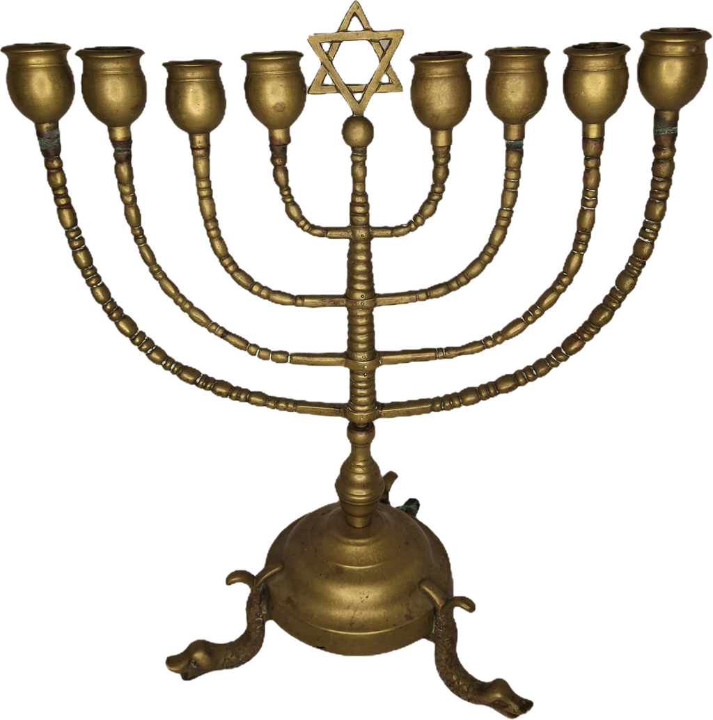 Vintage Antique Brass Hanukkah Menorah with Dolphin Feet and Star of David, Circa 1900 German Judaica, Heavy 9-Branch Chanukkiah