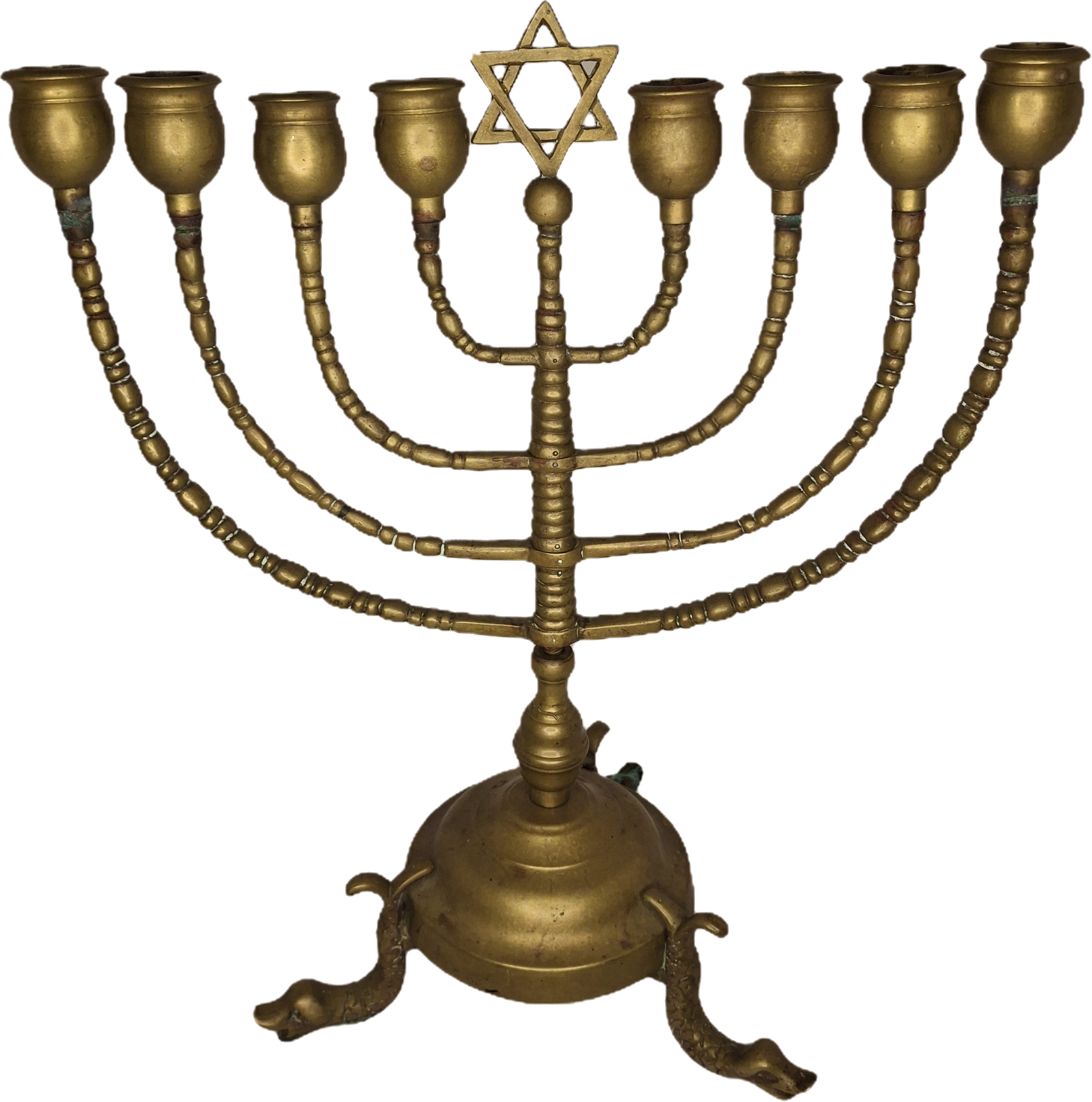 Vintage Antique Brass Hanukkah Menorah with Dolphin Feet and Star of David, Circa 1900 German Judaica, Heavy 9-Branch Chanukkiah