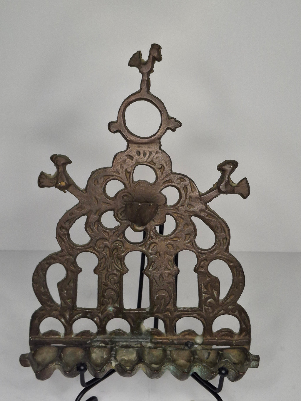 Antique 19th Century Ornate Brass Chanukah Menorah Wall Hanging Chanukiah with Bird/Lion Motif - Eastern European Judaica