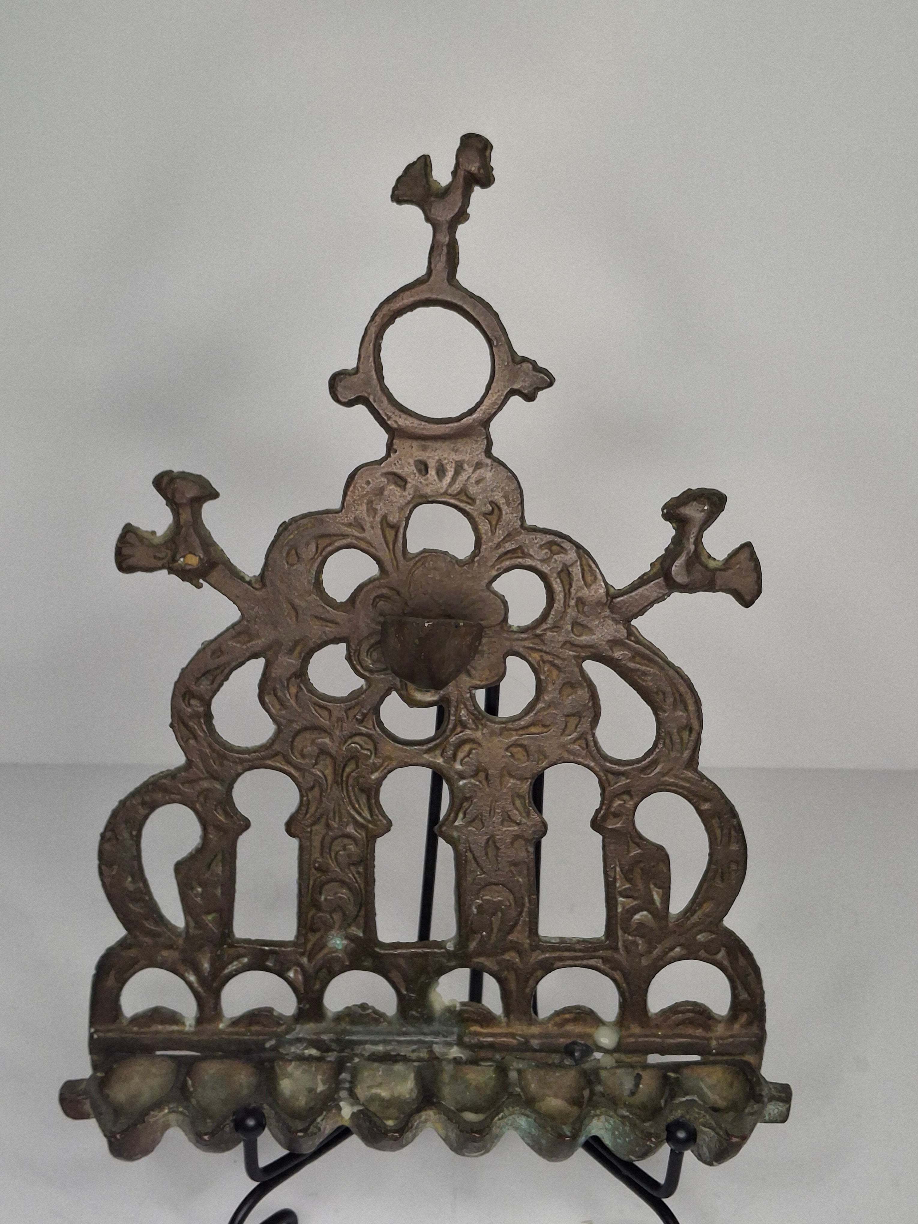 Antique 19th Century Ornate Brass Chanukah Menorah Wall Hanging Chanukiah with Bird/Lion Motif - Eastern European Judaica