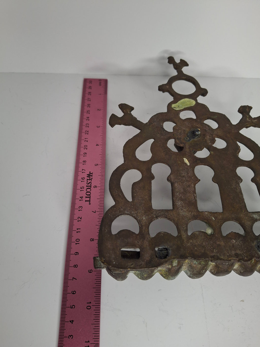 Antique 19th Century Ornate Brass Chanukah Menorah Wall Hanging Chanukiah with Bird/Lion Motif - Eastern European Judaica