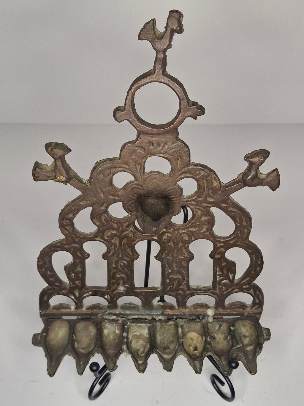 Antique 19th Century Ornate Brass Chanukah Menorah Wall Hanging Chanukiah with Bird/Lion Motif - Eastern European Judaica