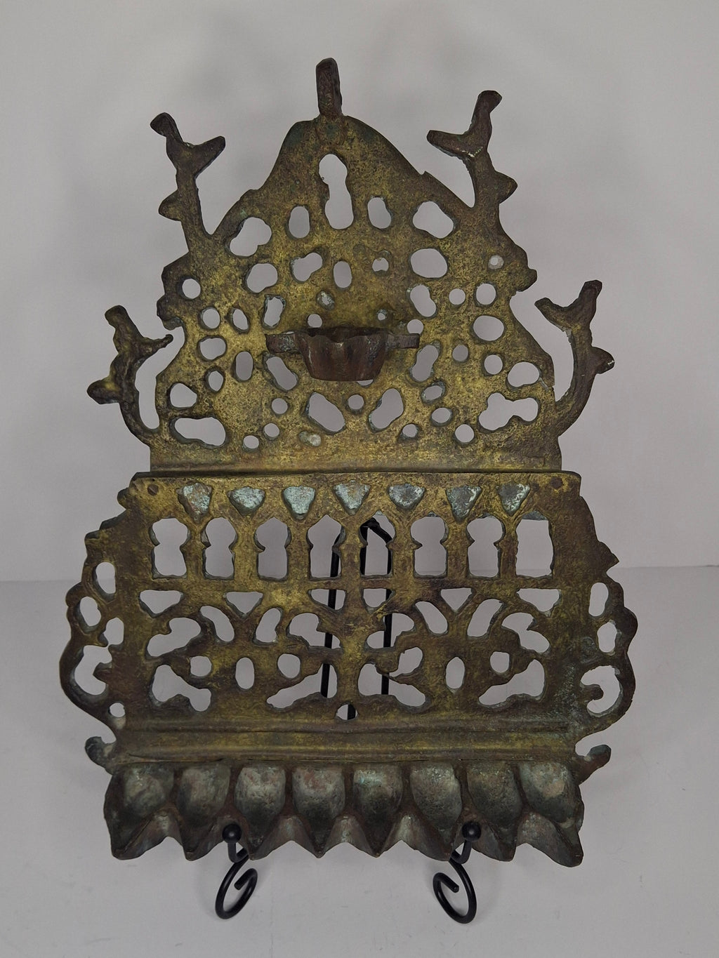 Antique 19th Century North African Bronze Hanukkah Menorah Oil Lamp - Heavy Cast Judaica with Traditional Motifs, Excellent Patina