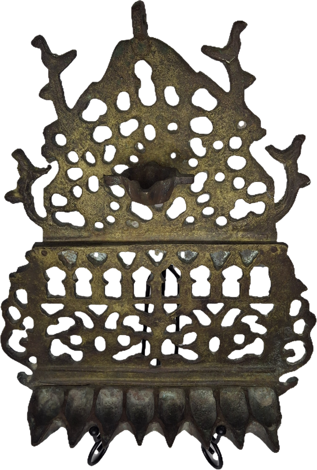 Antique 19th Century North African Bronze Hanukkah Menorah Oil Lamp - Heavy Cast Judaica with Traditional Motifs, Excellent Patina